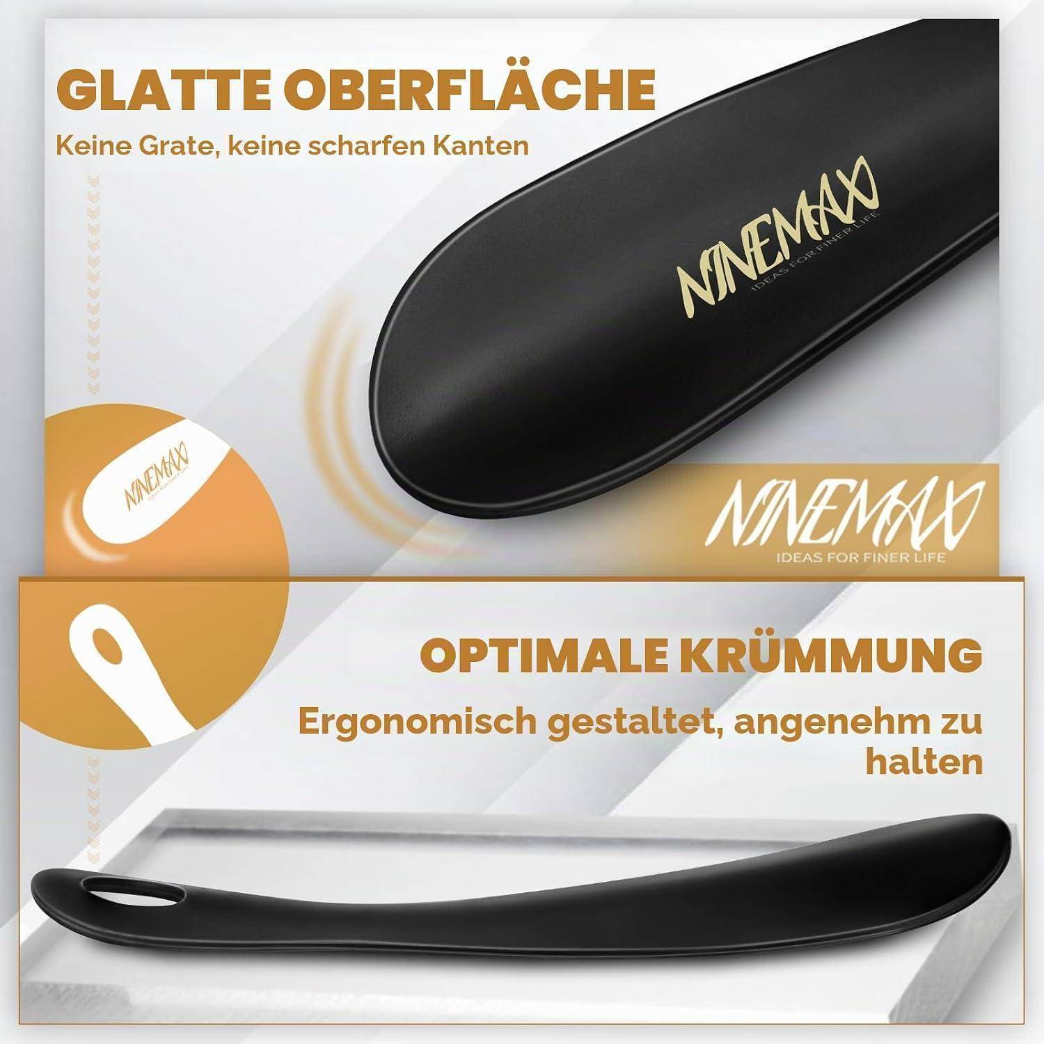 Promotionsgrafik eines schwarzen ergonomischen Haarbürste oder Kopfhautmassage-Werkzeugs, das eine glatte Oberfläche, eine gerundete Kurve und die deutschen Aussagen „GLATTE OBERFLÄCHE