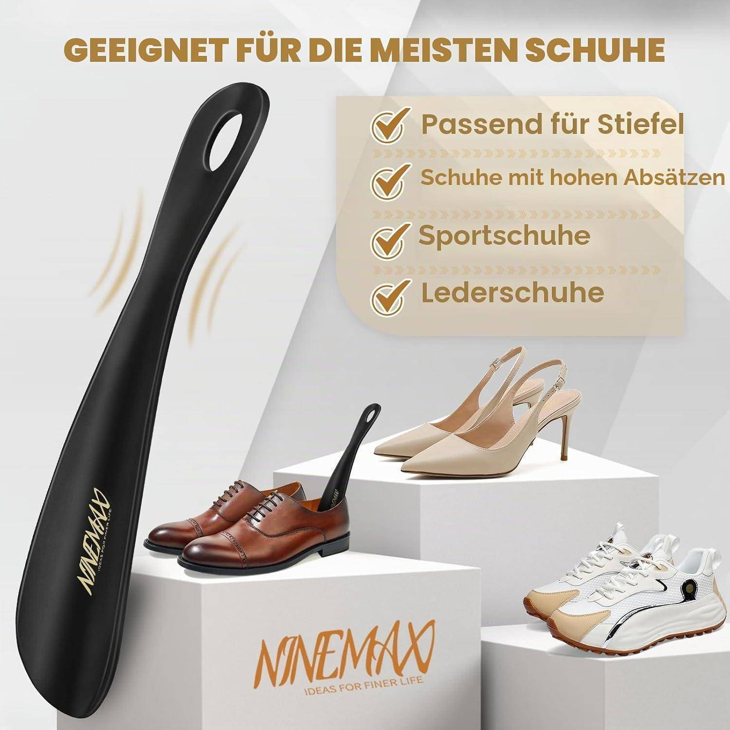 Deutscher Werbegrafik eines Schuhanziehers, das aussagt, dass er zu den meisten Schuhen passt und für Stiefel, High Heels, Sportschuhe und Lederschuhe geeignet ist.