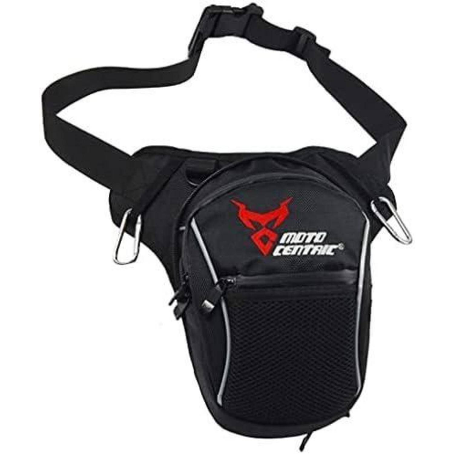 Schwarze MotoCentric Motorrad-Beintasche mit verstellbarem Hüftgurt und vorderer Netztasche.