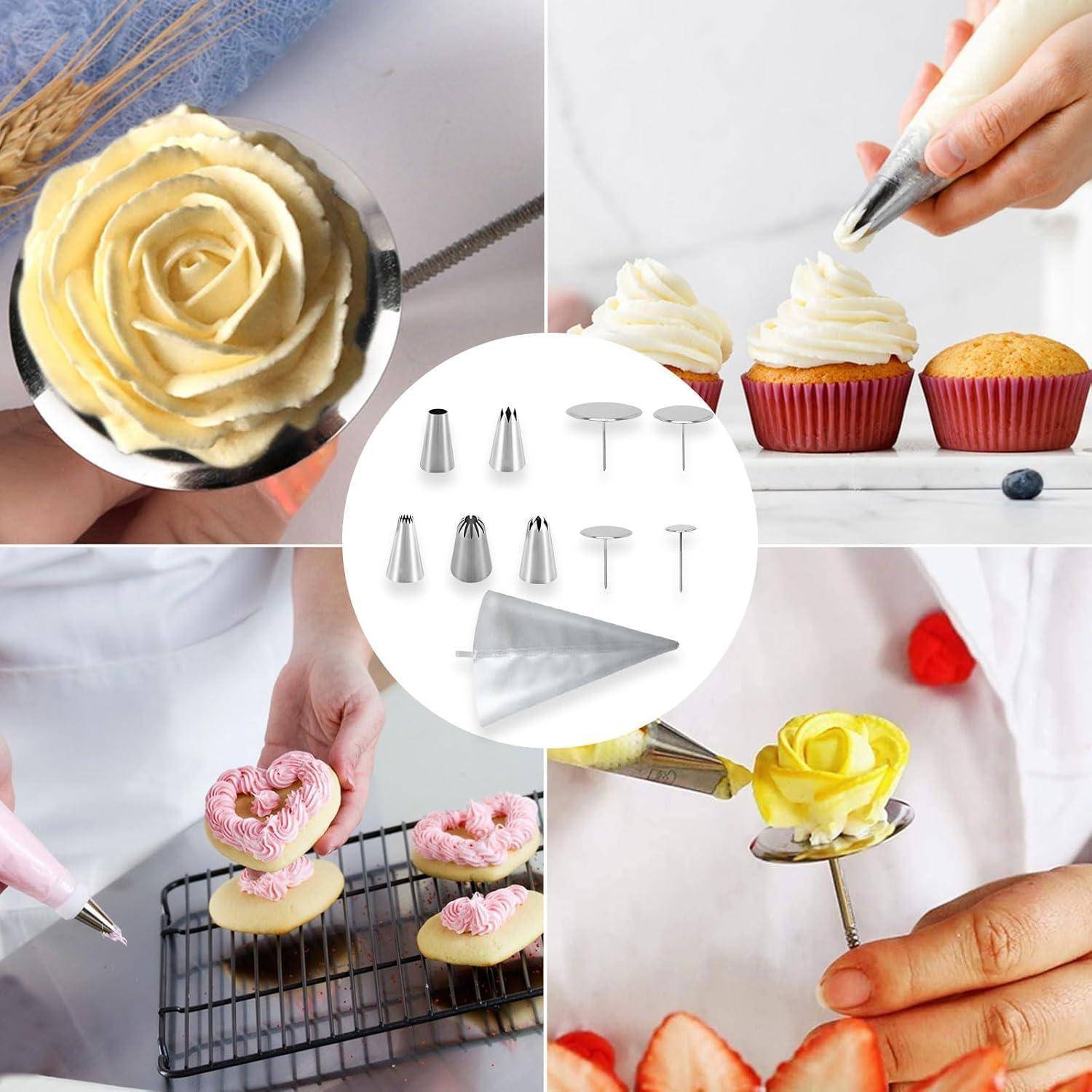 Collage mit Spritzbeuteltülen, die Blüten- und Wirbeldekorationen aus Zuckerguss auf Cupcakes und Keksen erzeugen, mit verschiedenen Metalldekorationsaufsätzen in der Mitte.