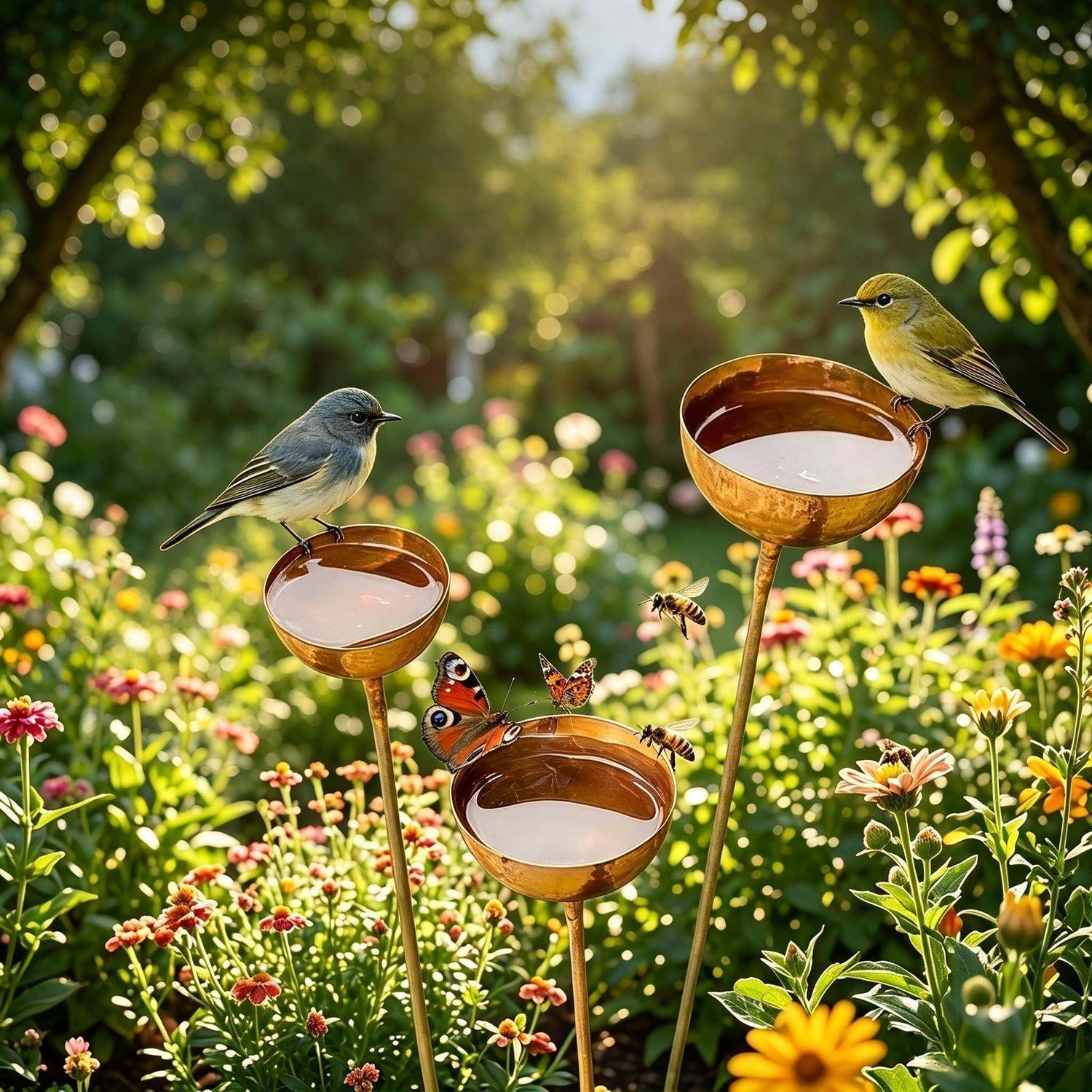 Zwei kleine Vögel sitzen auf Kupfer-Vogeltränken-Futterern in einem sonnendurchfluteten Blumengarten, mit Schmetterlingen und Bienen in der Nähe.