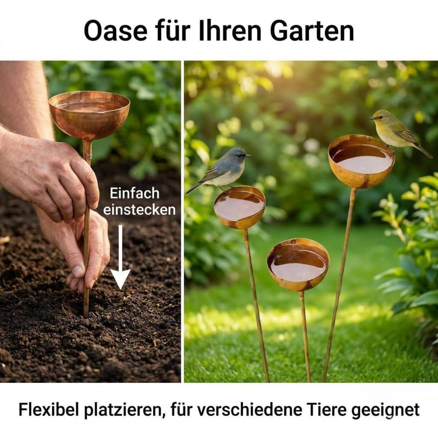 Werbebild von kupferfarbenen Vogelfütterern für den Garten auf Stöcken; Text lautet „Oase für Ihren Garten