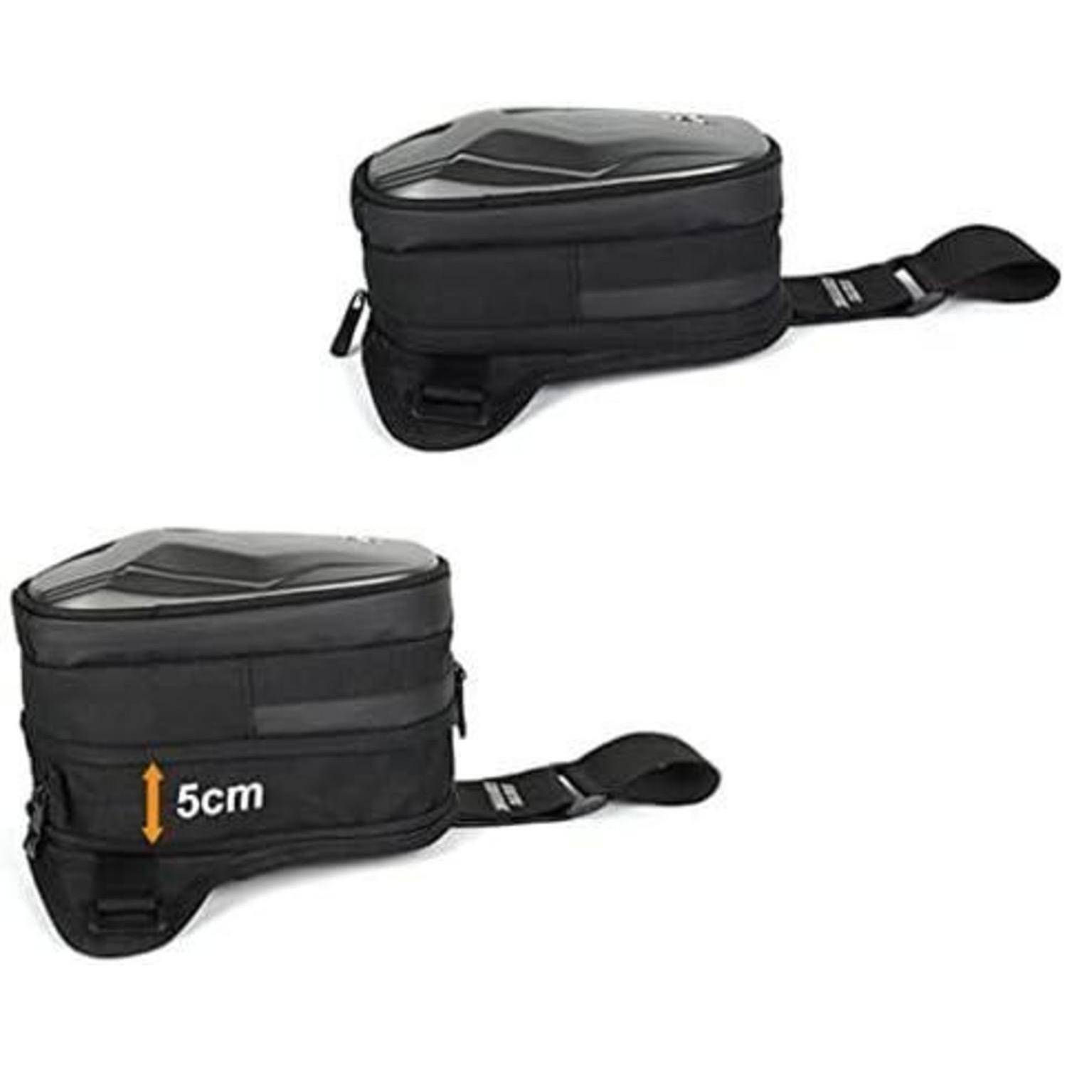 Schwarze Motorrad-Tankrucksack in zwei Größen gezeigt, mit einer markierten Höhendimension von 5 cm auf der größeren Tasche.