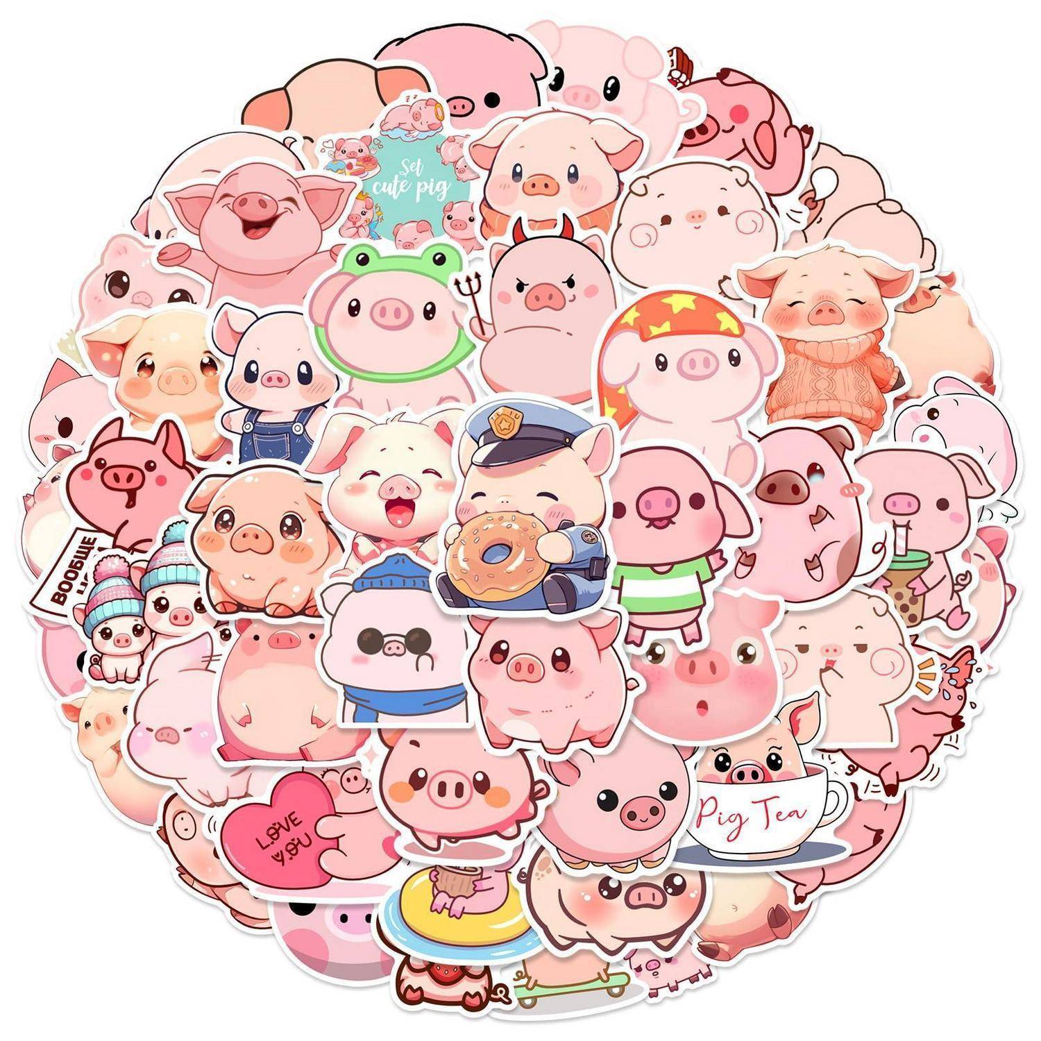 Eine überfüllte Collage aus niedlichen rosa Schwein-Cartoons und Aufklebern, einschließlich Schweine in Kostümen und mit Leckereien in den Händen, in einer kreisförmigen Anordnung auf weißem Hintergrund.