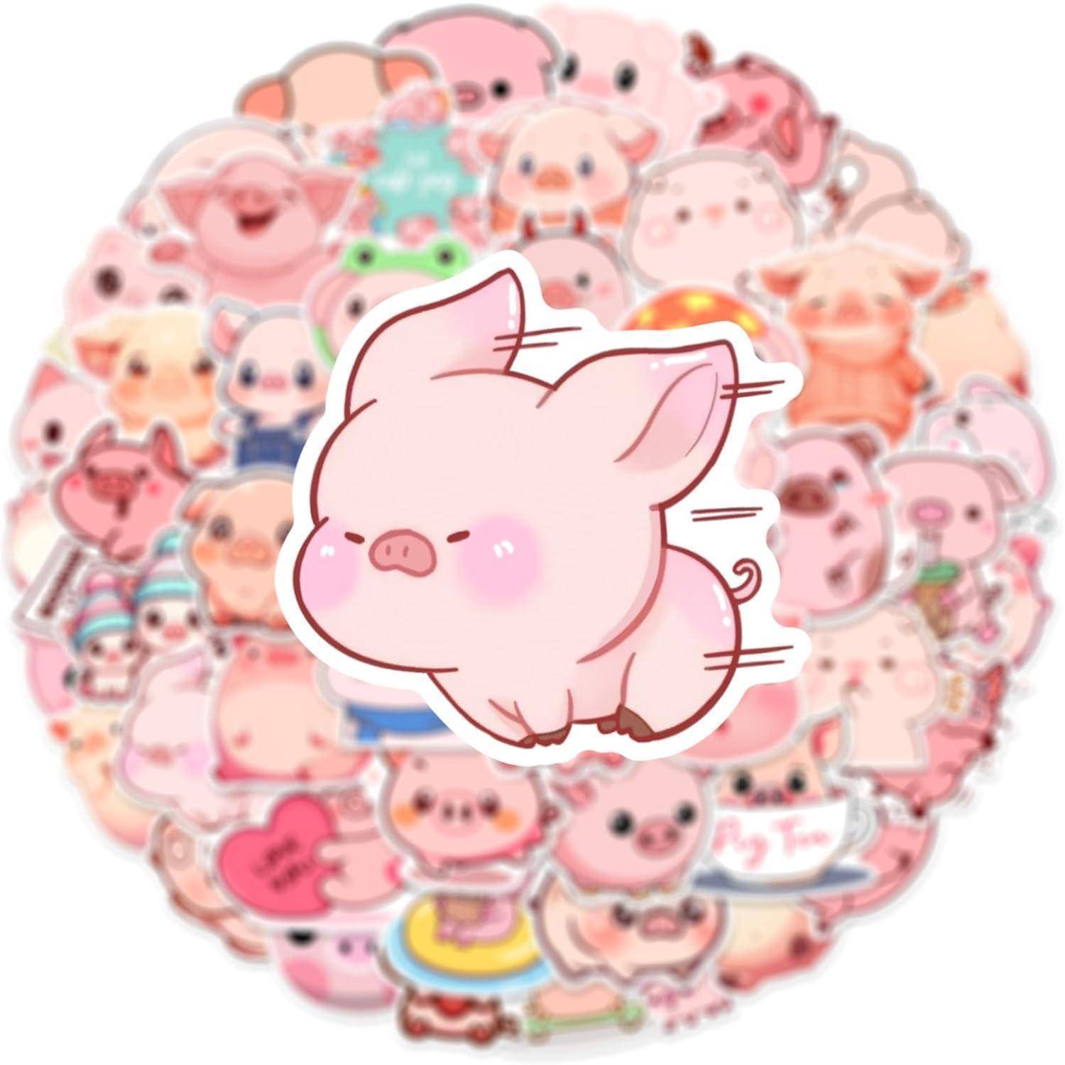 Süßer rosa Cartoon-Schweine-Aufkleber, zentriert über einer Collage vieler Schweine-Charaktere, die einen kreisförmigen Hintergrund bilden.