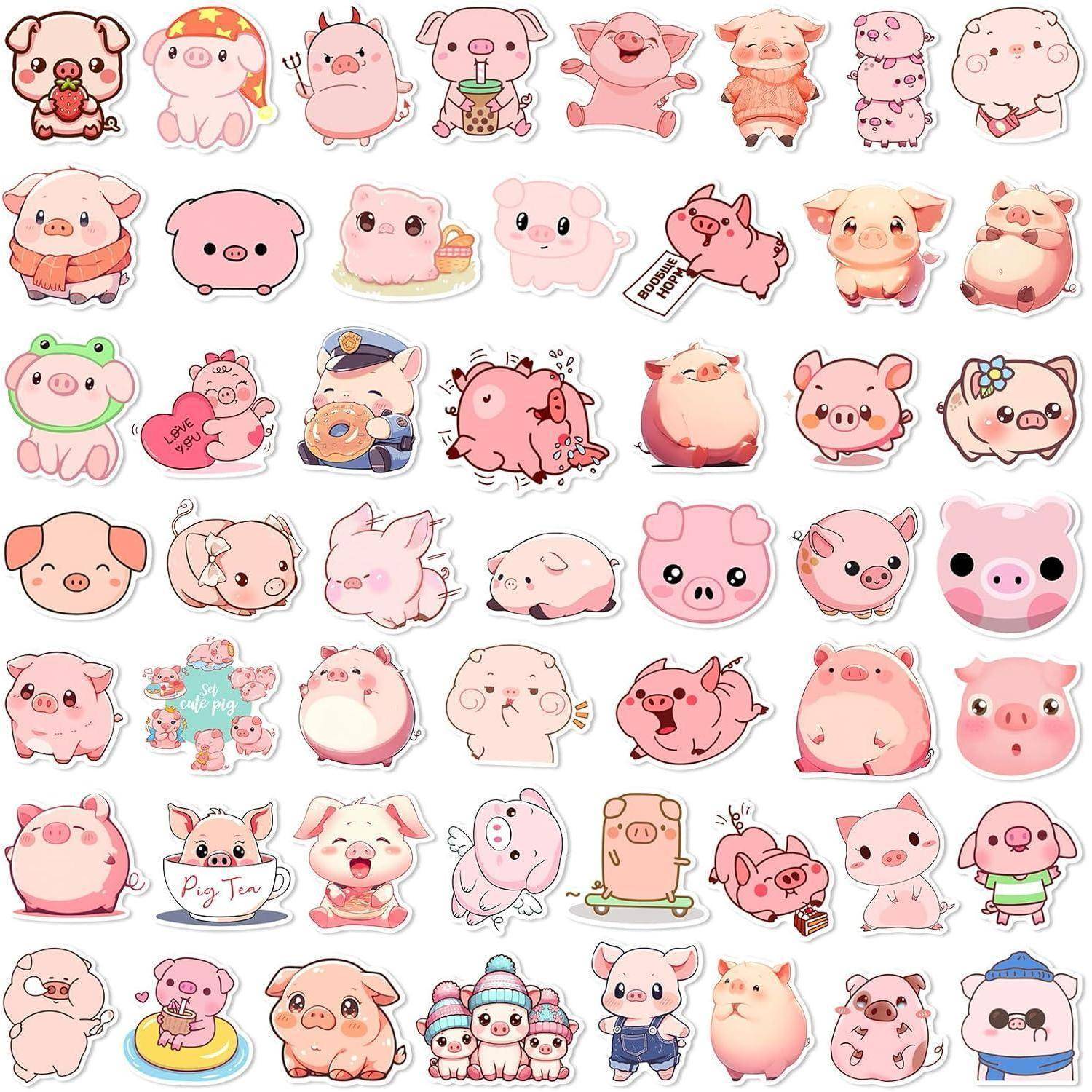 Eine Collage aus vielen niedlichen rosa Schwein-Aufklebern und Cartoon-Schwein-Charakteren in verschiedenen Posen, Outfits und Ausdrücken auf weißem Hintergrund.