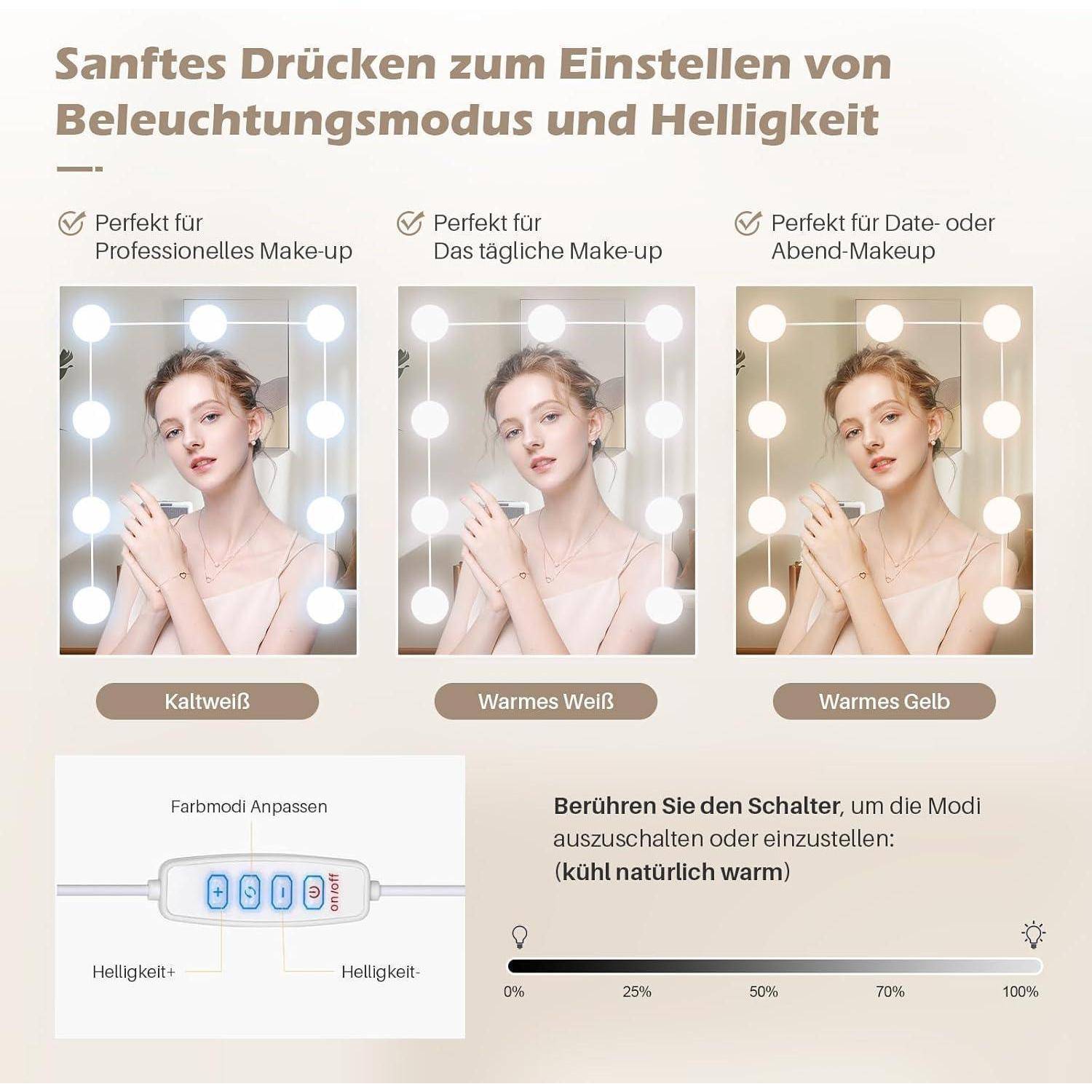 Infografik mit drei Beleuchtungsmodi für einen Schminktisch-Spiegel: kühles Weiß, warmes Weiß und warmes Gelb, mit Touchsteuerung zur Anpassung des Modus und der Helligkeit.