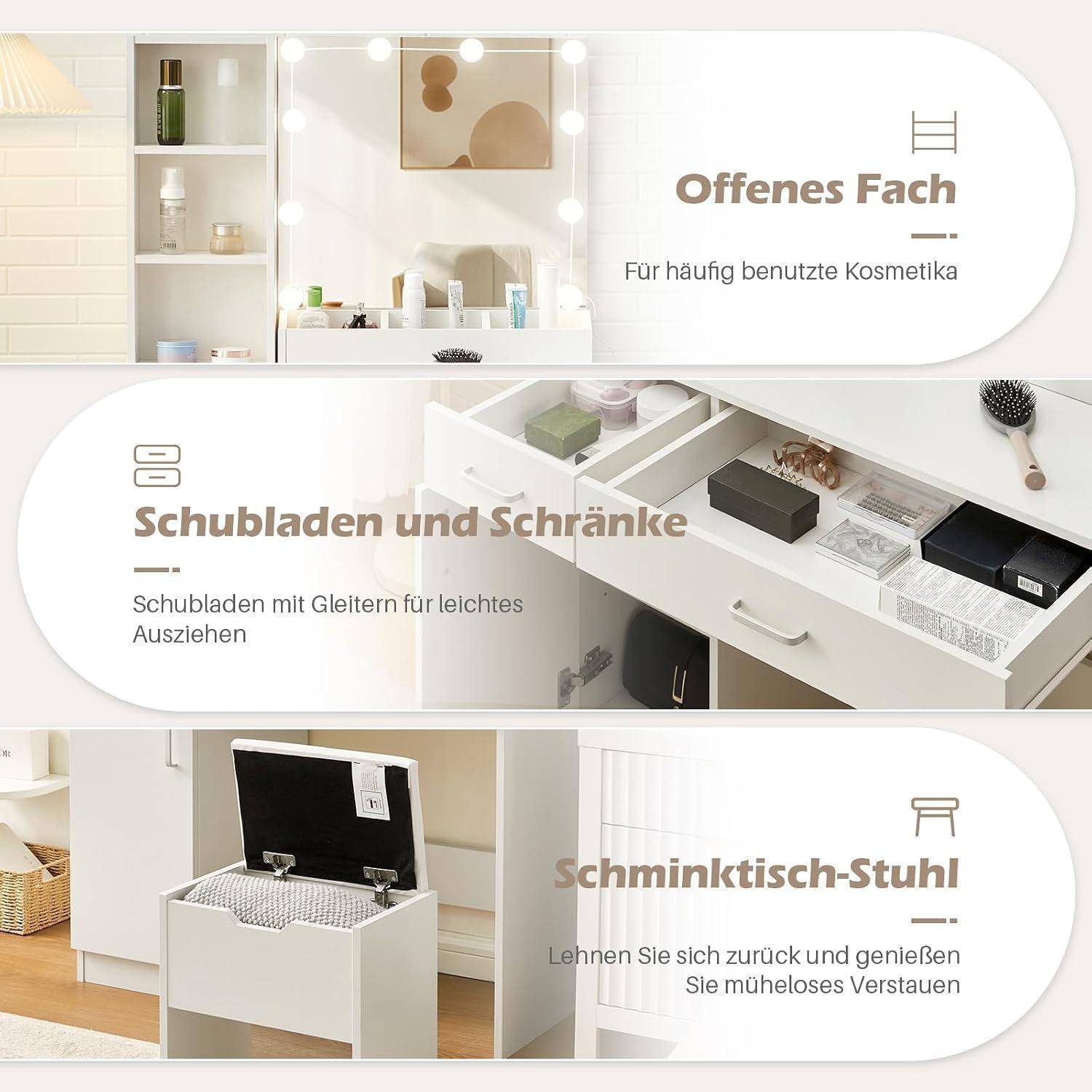 Möbelanzeige mit drei Panels, die eine Frisiertischkommode mit offenen Regalen für Kosmetikprodukte, Schubladen/Schränke mit ausziehbarem Stauraum und einen Frisiertischhocker für bequemes Sitzen zeigt.