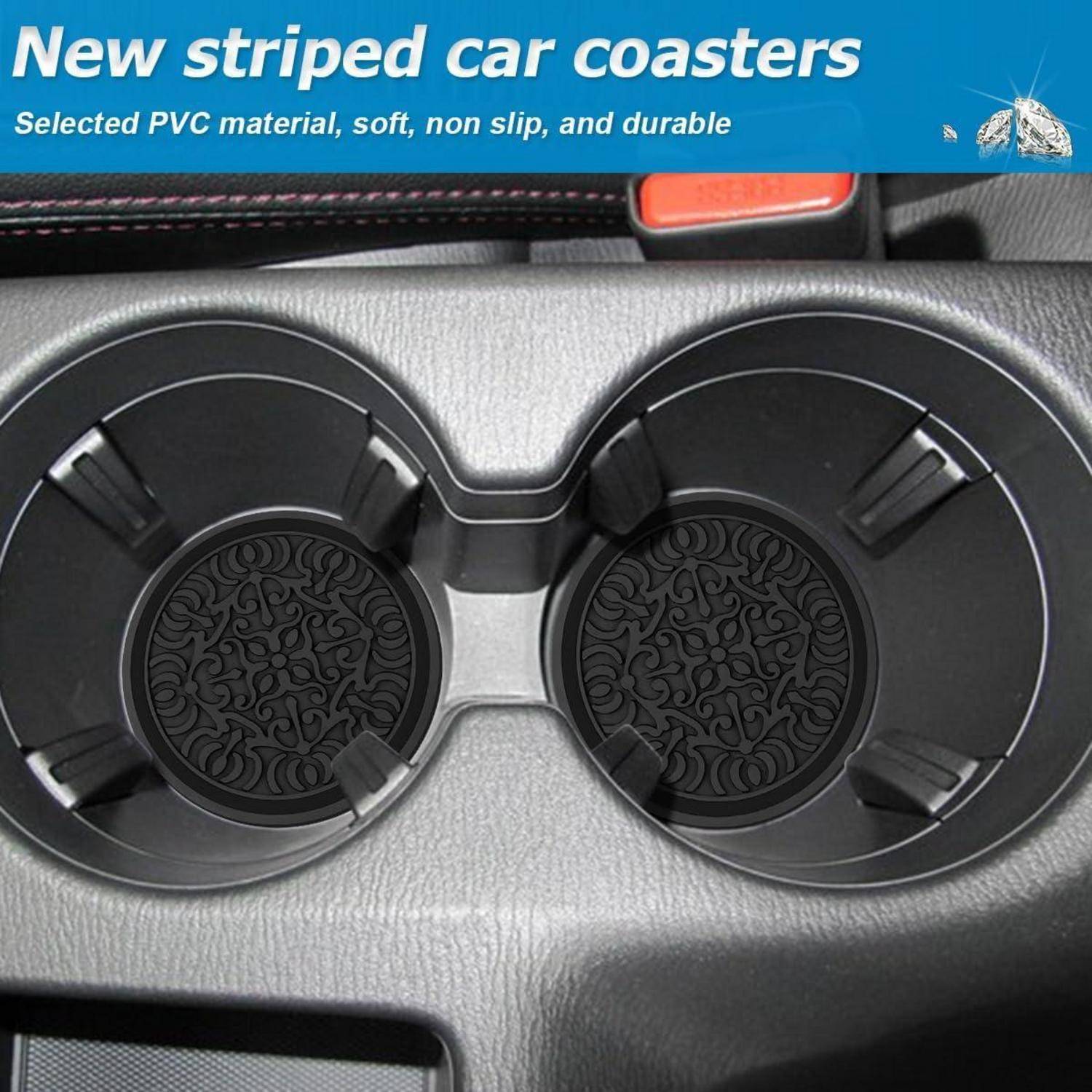 Autobecherhalter mit zwei schwarzgestreiften PVC-Untersetzer; der Text sagt „Neue gestreifte Auto-Untersetzer