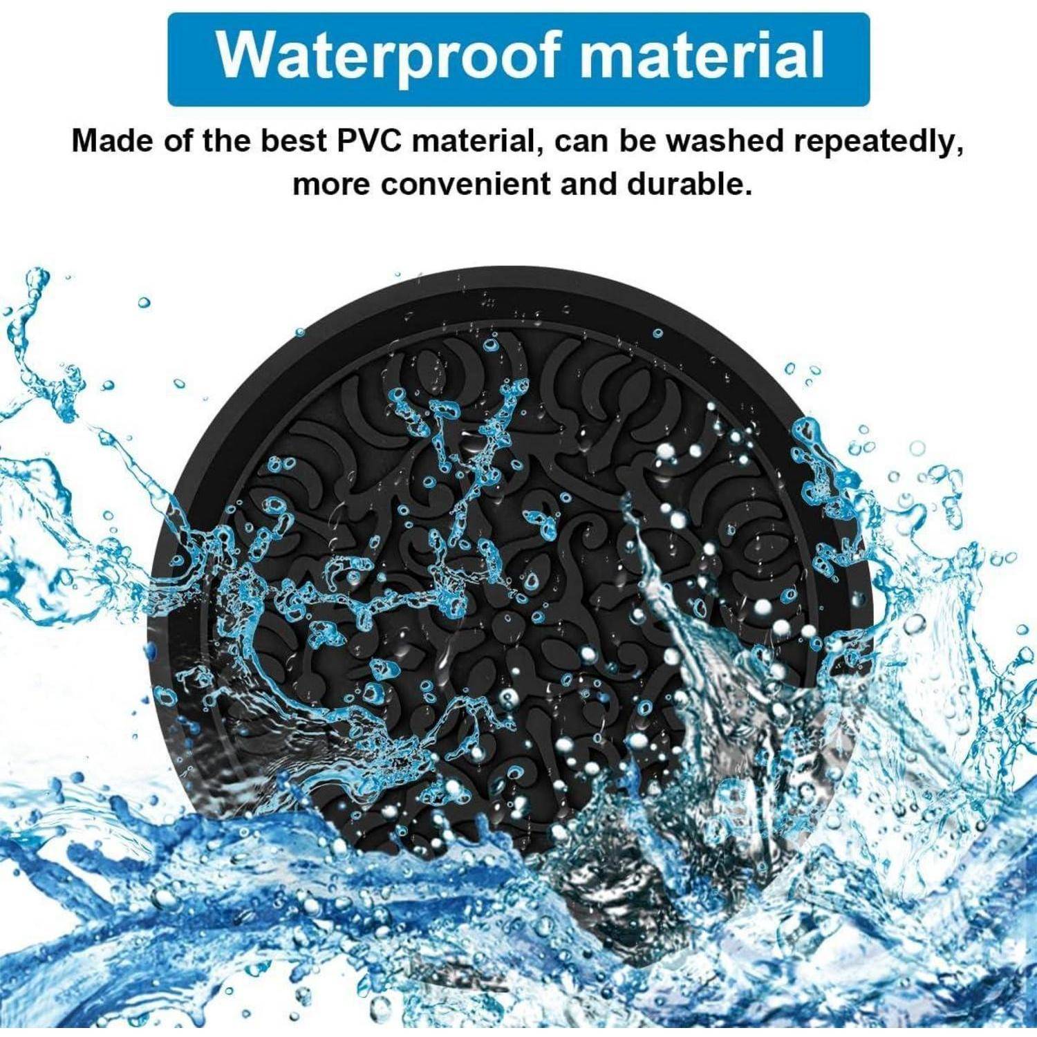 Schwarze runde Matte mit wirbelndem Muster, bespritzt mit Wasser, gekennzeichnet mit „Wasserdichtes Material