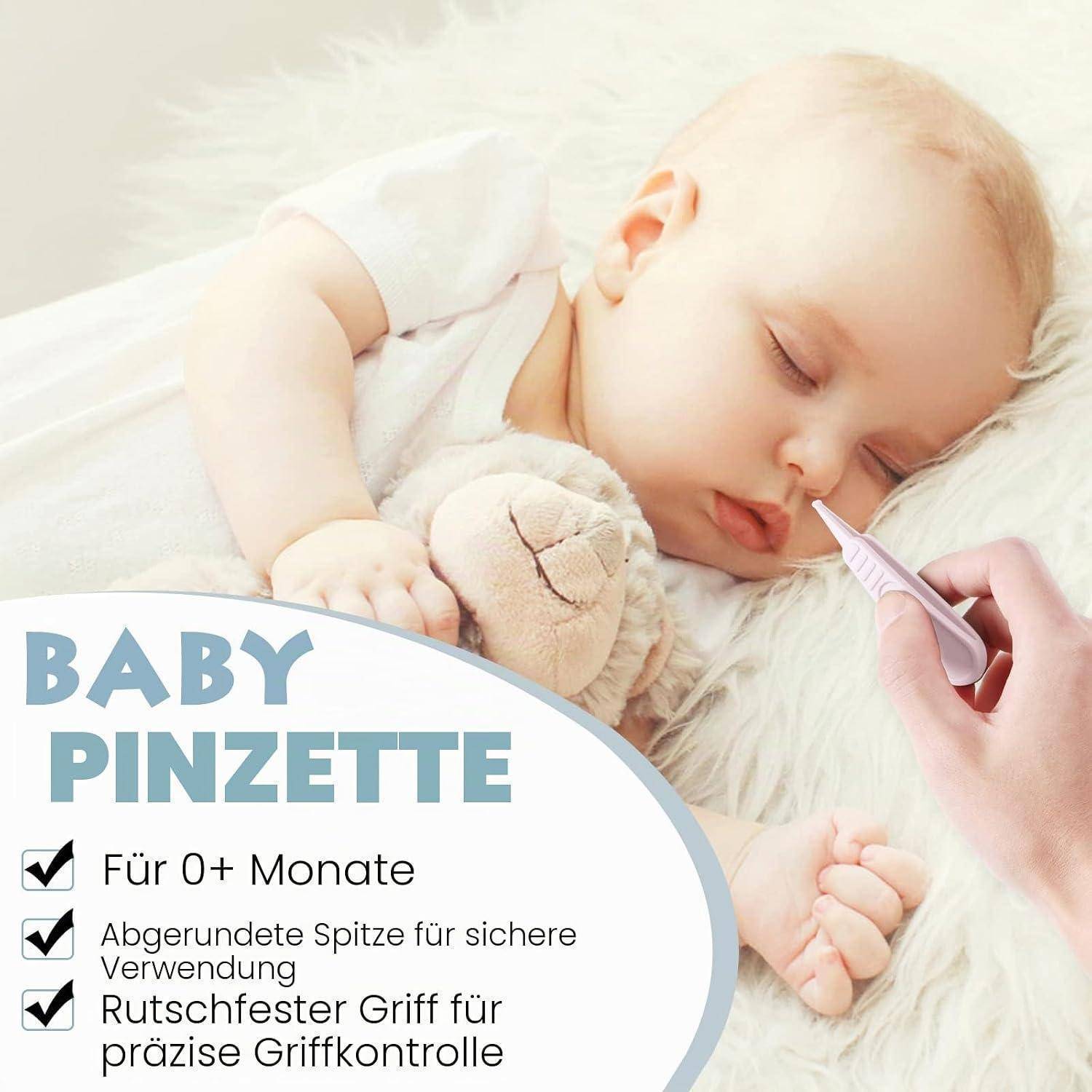 Schlafendes Baby mit Thermometer und deutschem Text: 'BABY PINZETTE'; ab 0+ Monaten, abgerundete Spitze für sichere Anwendung, rutschfester Griff für präzise Kontrolle.