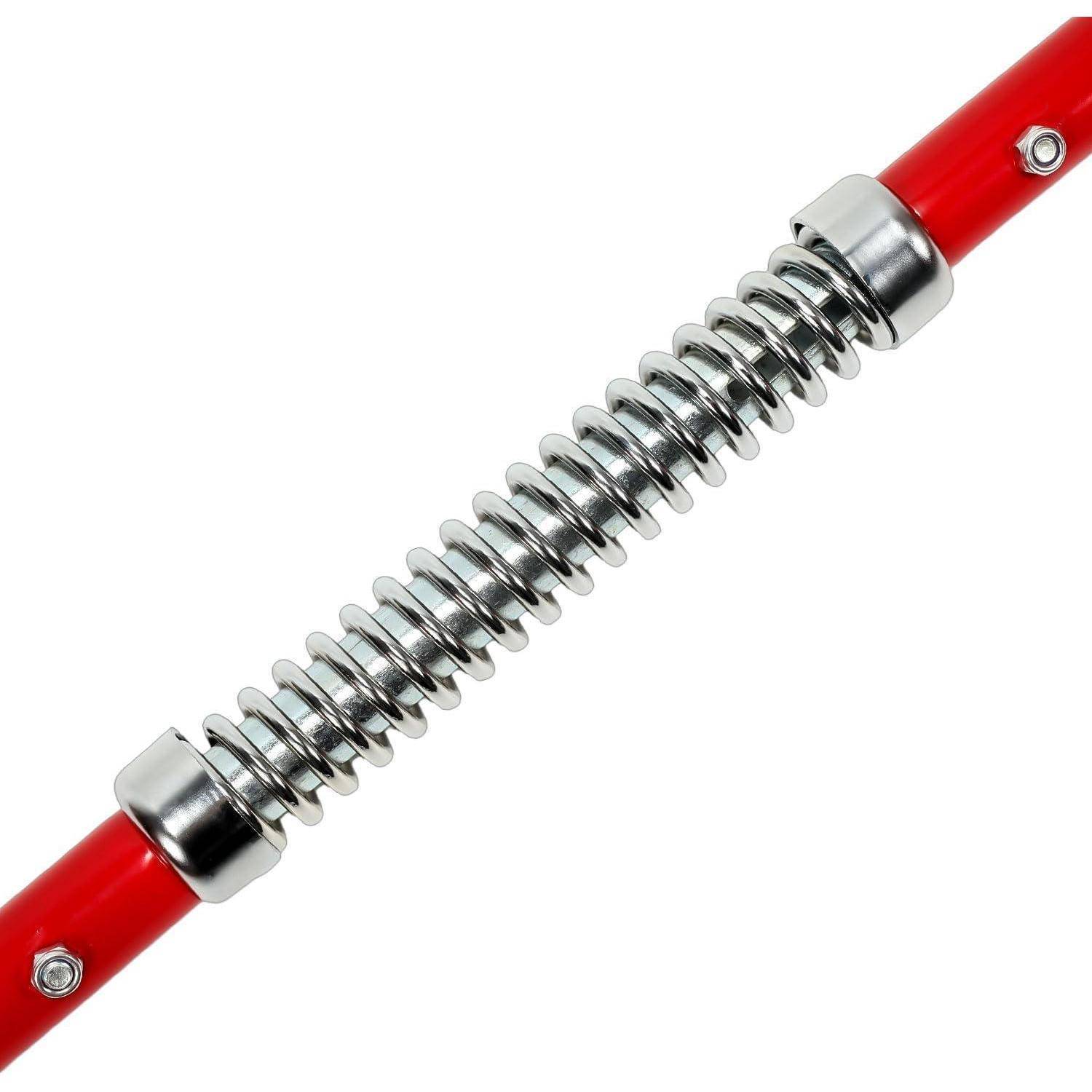 Nahaufnahme eines roten Griffs mit einer zentralen Metallspiralfeder, vermutlich ein federbelasteter Werkzeuggriff oder erweiterbarer Griff.