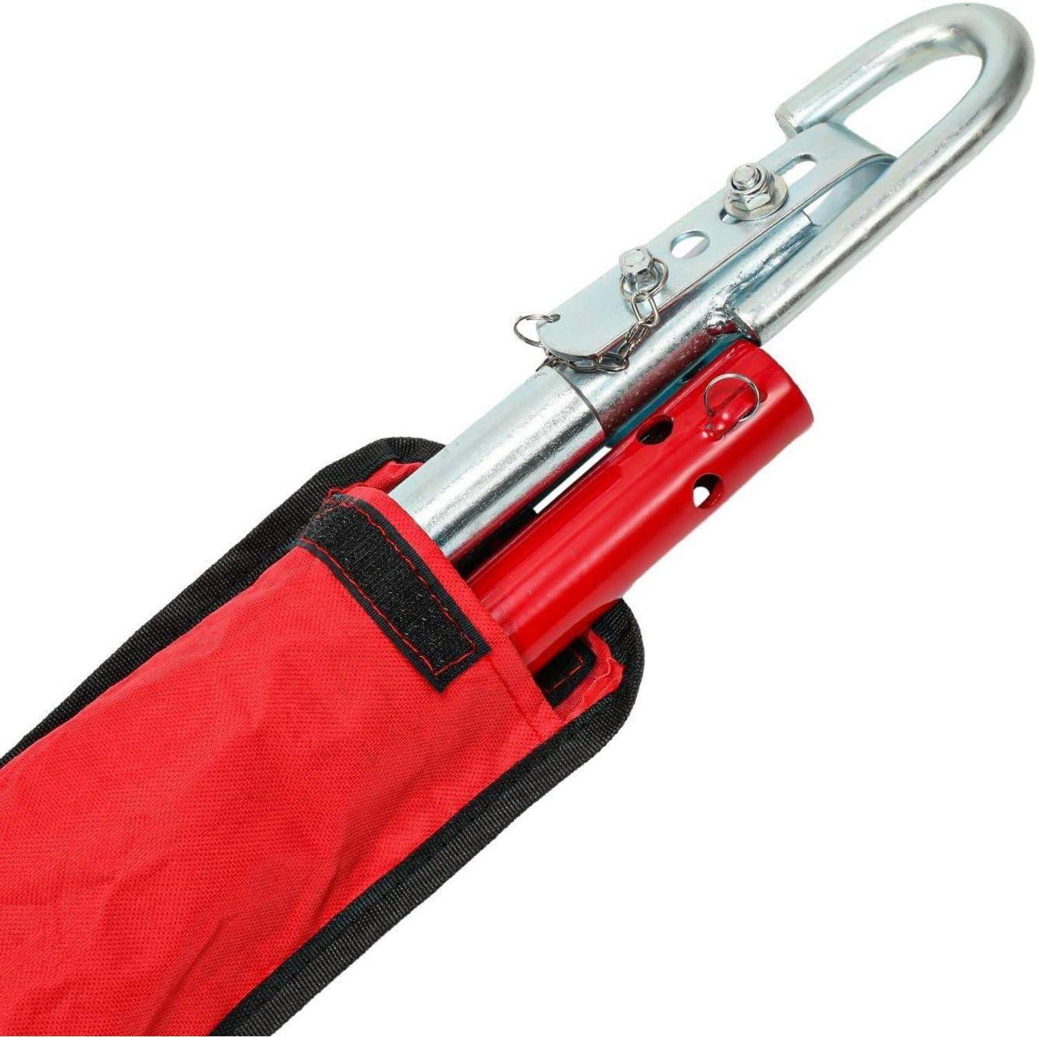Rote Sicherheitsstangen-Tasche mit metallischem Karabinerhaken oben angebracht.
