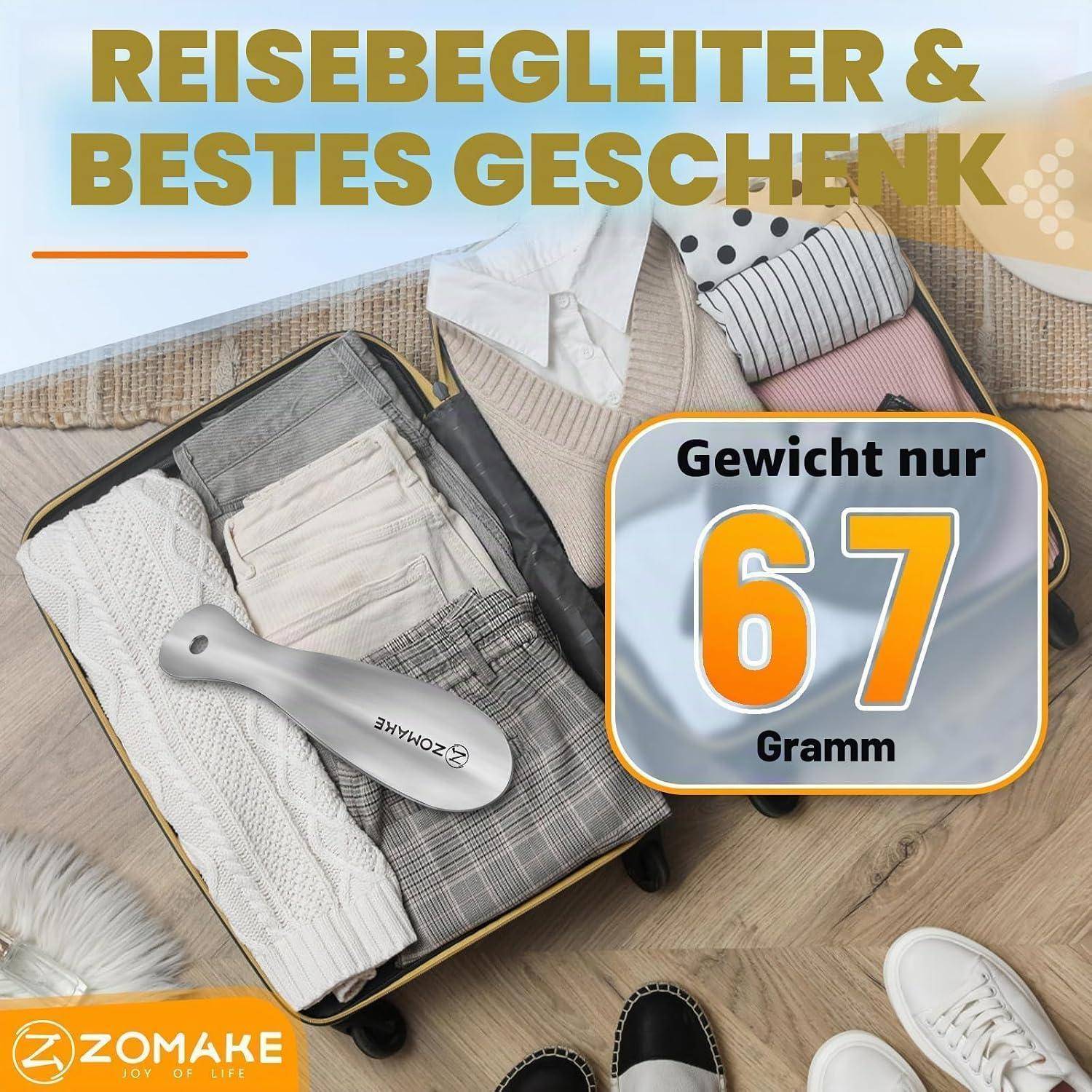 Reisegepäckorganizer, aufgeklappt mit ordentlich gepackter Kleidung und einem tragbaren Gerät, mit Etiketten auf Deutsch beschriftet „Gewicht nur 67 Gramm