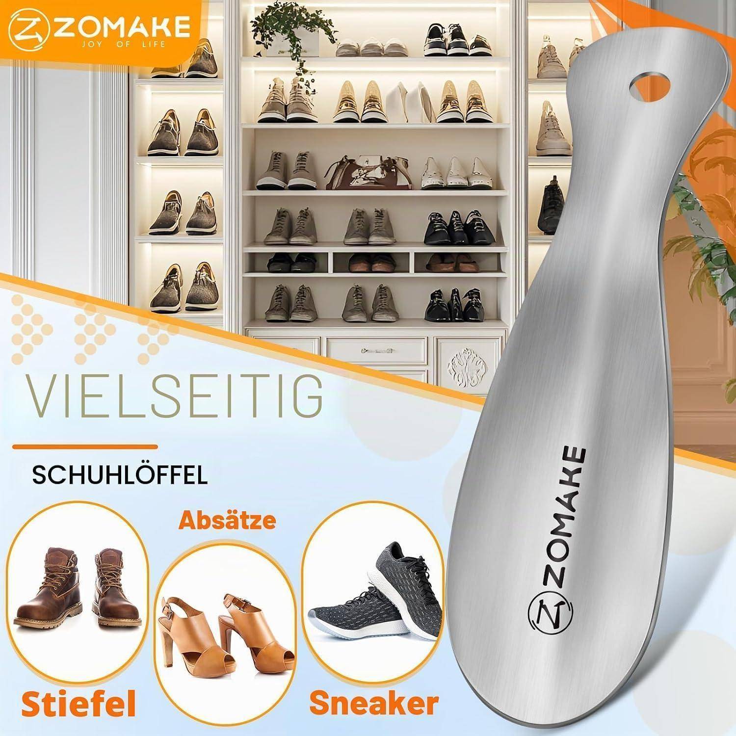 Anzeige für ZOMAKE-Schuhlöffel: ein großer Metallschuhlöffel vor einer Schuhausstellung, gekennzeichnet mit „VIELSEITIG