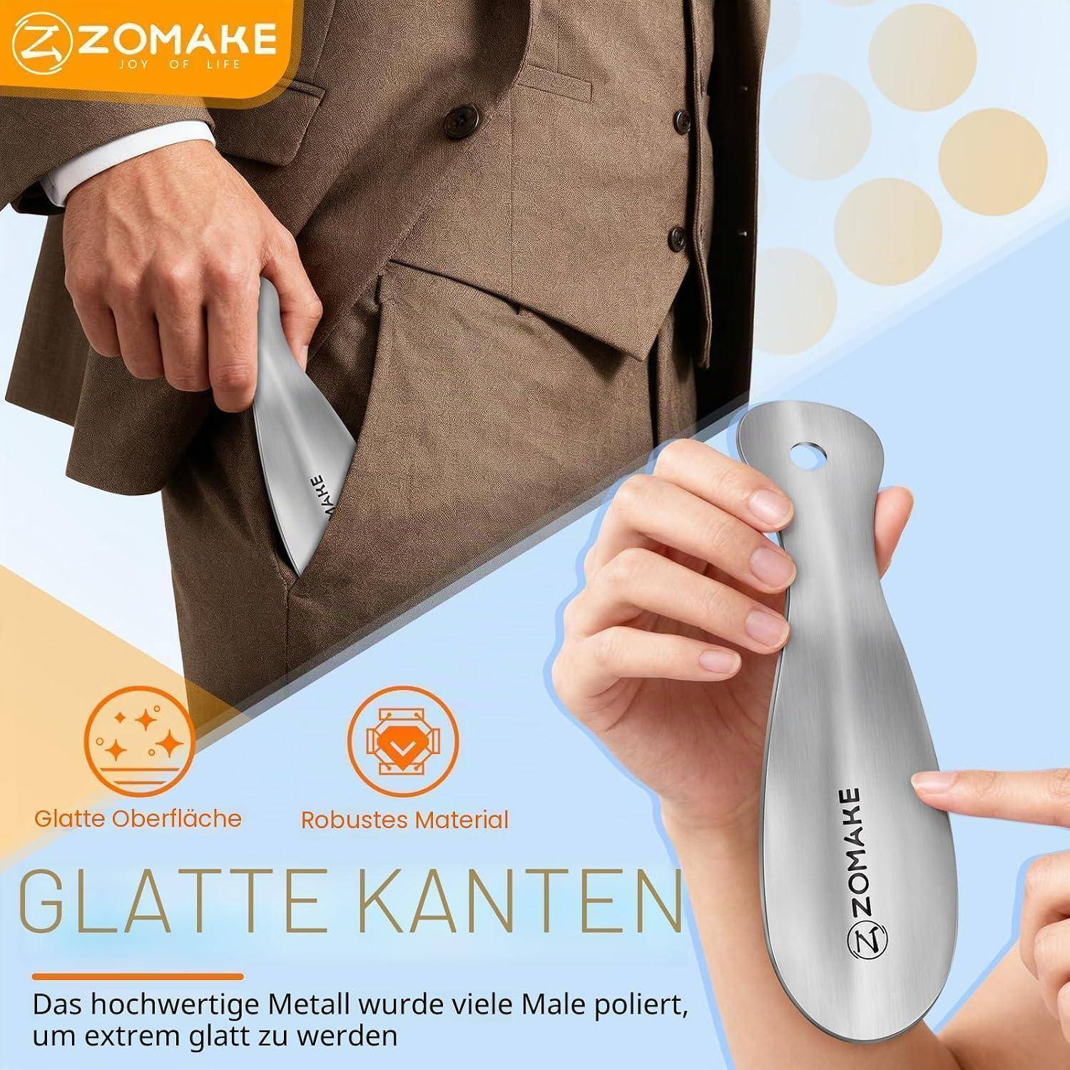 Anzeige für ZOMAKE Schuhlöffel: Eine Hand hält einen silbernen Metallschuhlöffel mit der Aufschrift 