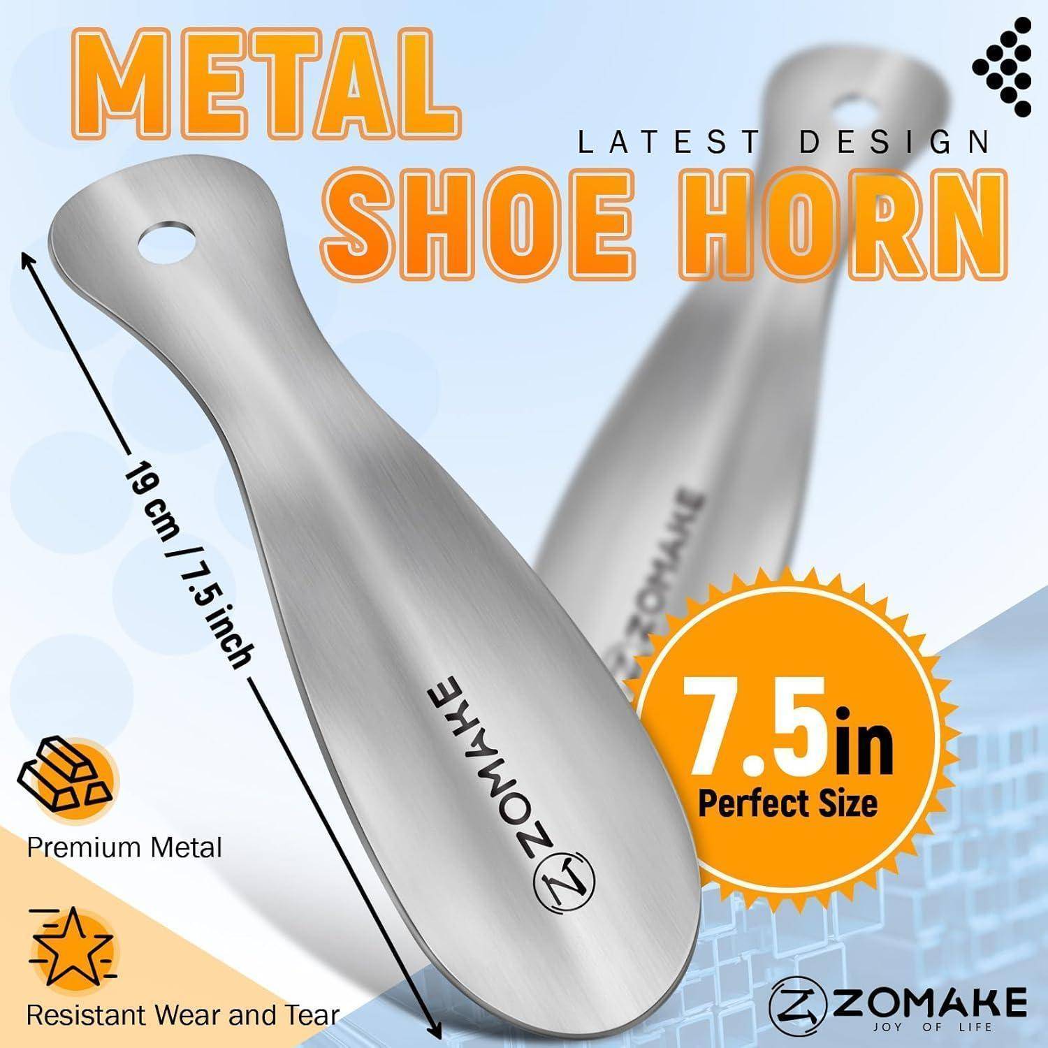 Werbebild eines silbernen Metallschuhanziehers mit der Bezeichnung „METAL SHOE HORN