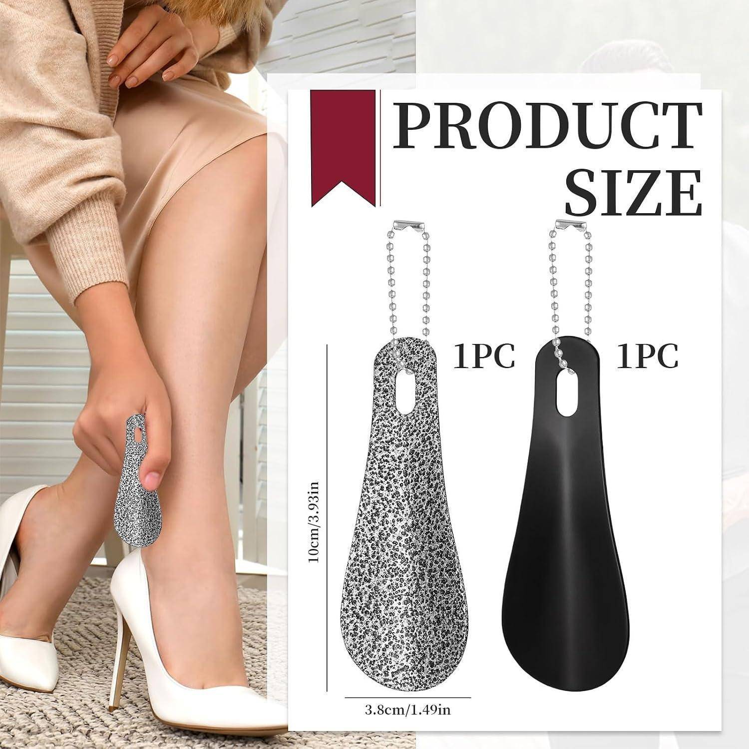 Größentabelle für Schuhzubehör mit jeweils 1 Stück; jedes Stück misst 10 cm Länge und 3,8 cm Breite, in gesprenkeltem und schwarzem Design.