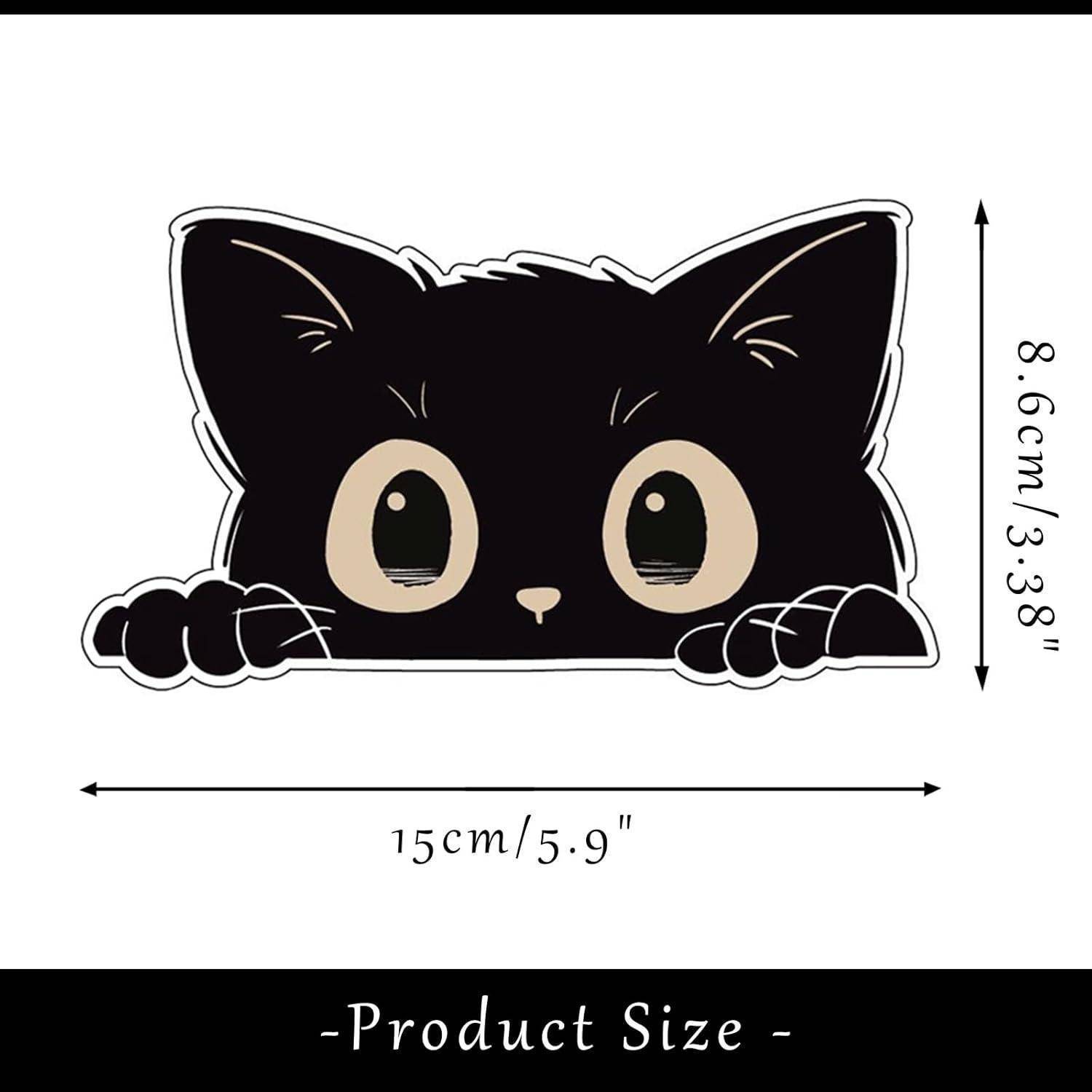 Schwarzer Katzensticker, der über eine Kante schaut, mit Produktgröße von 15 cm/5,9 Zoll Breite und 8,6 cm/3,38 Zoll Höhe.