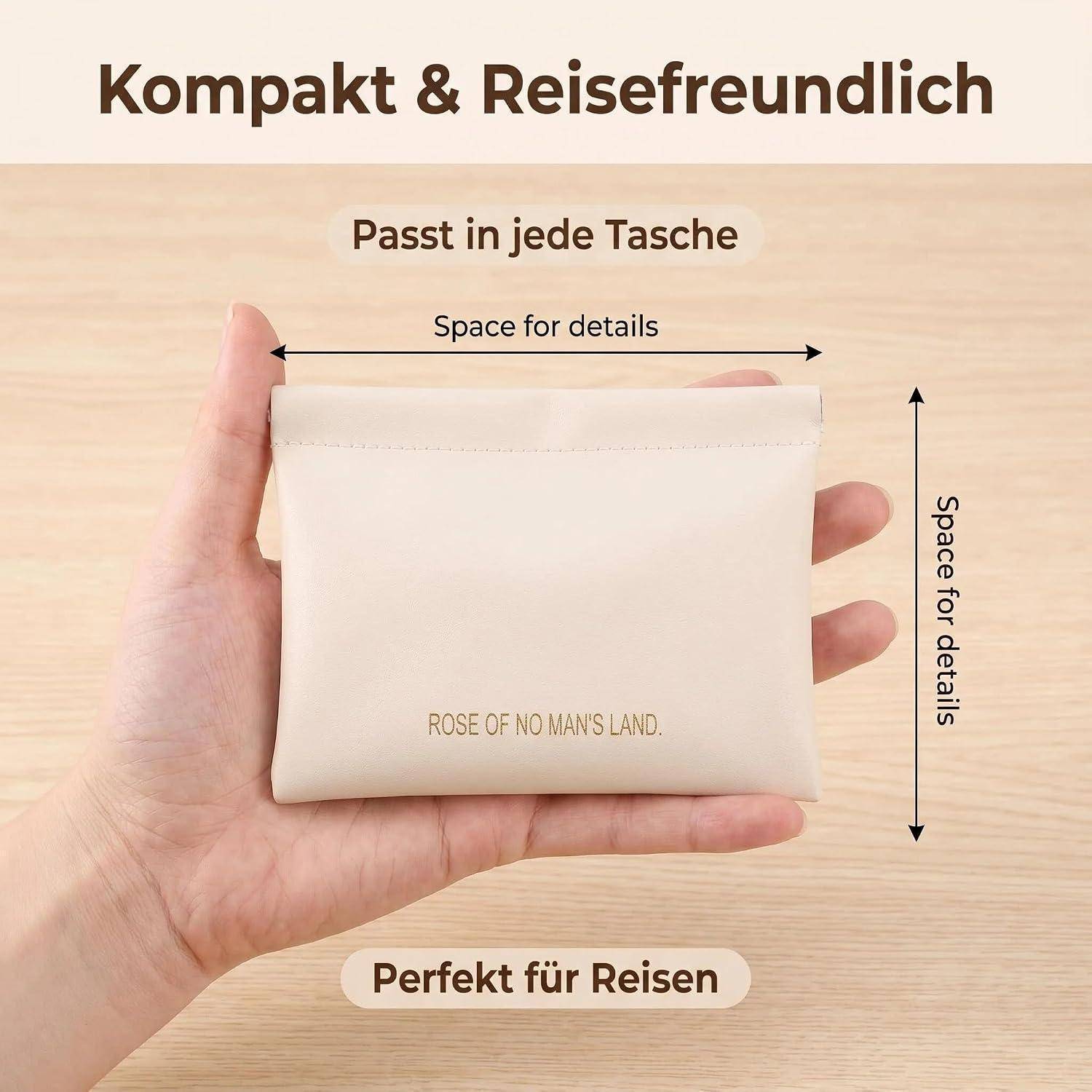 Kleine Cremeverpackung in einer Hand, dargestellt als kompakt und reisefreundlich; der Text sagt "Kompakt & Reisefreundlich"", ""Passt in jede Tasche"" und ""Perfekt für Reisen"".