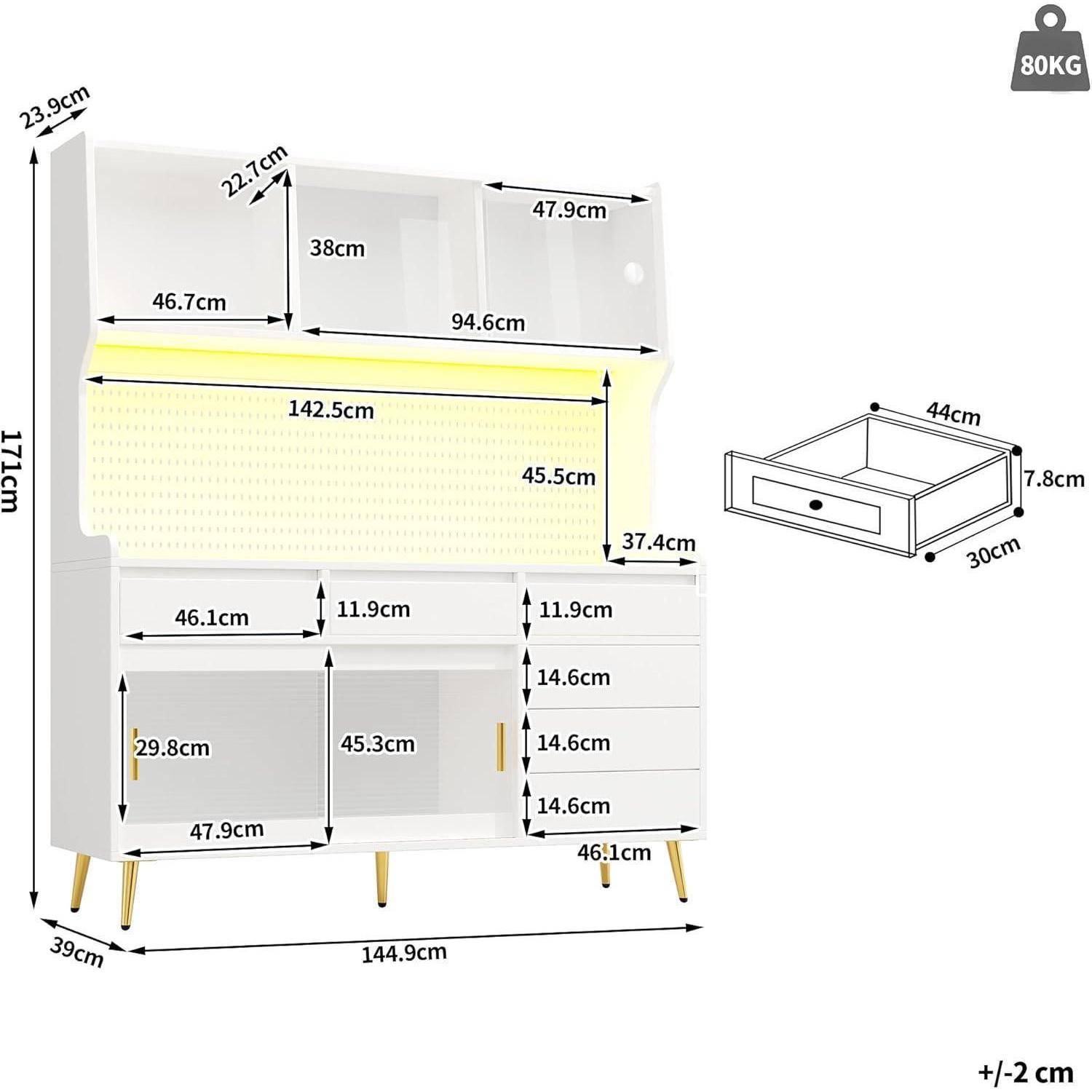 Möbelmessdiagramm eines Schranks mit oberen Schrank, hinterleuchtetem Pegboard-Bereich, Schubladen und Seitenlagerung; die Haupteinheit ist 144,9 cm breit und 171 cm hoch, mit eingelassenen Schubladenmessungen und einer kleinen Schubladenbox auf der rechten Seite.