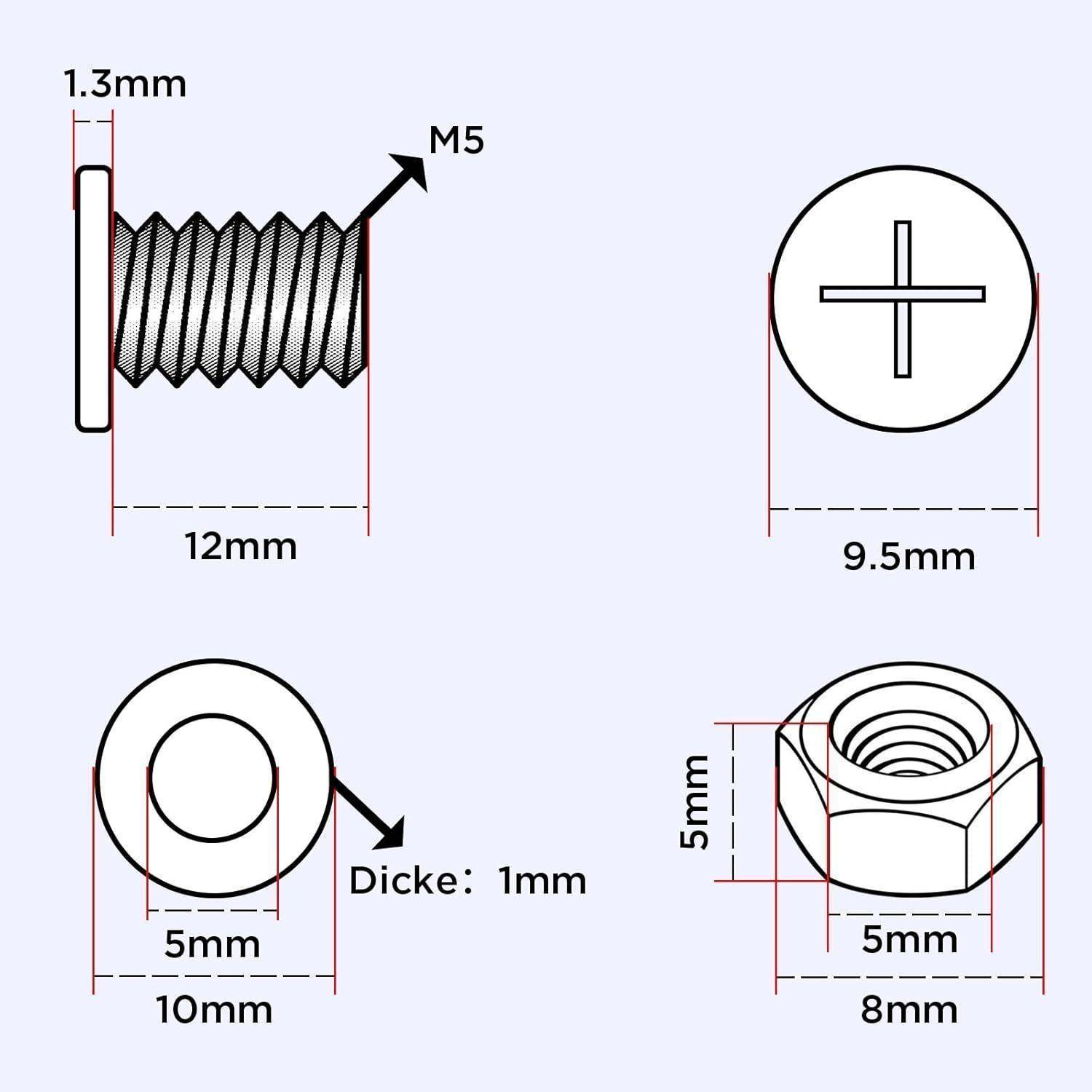 Technisches Diagramm von vier Schraubenbefestigungen mit Abmessungen: M5-Gewindeeinsat, Kreuzschlitz-Kopf, 1 mm Unterlegscheibe und 5 mm Sechskantmutter mit Größenmessungen.