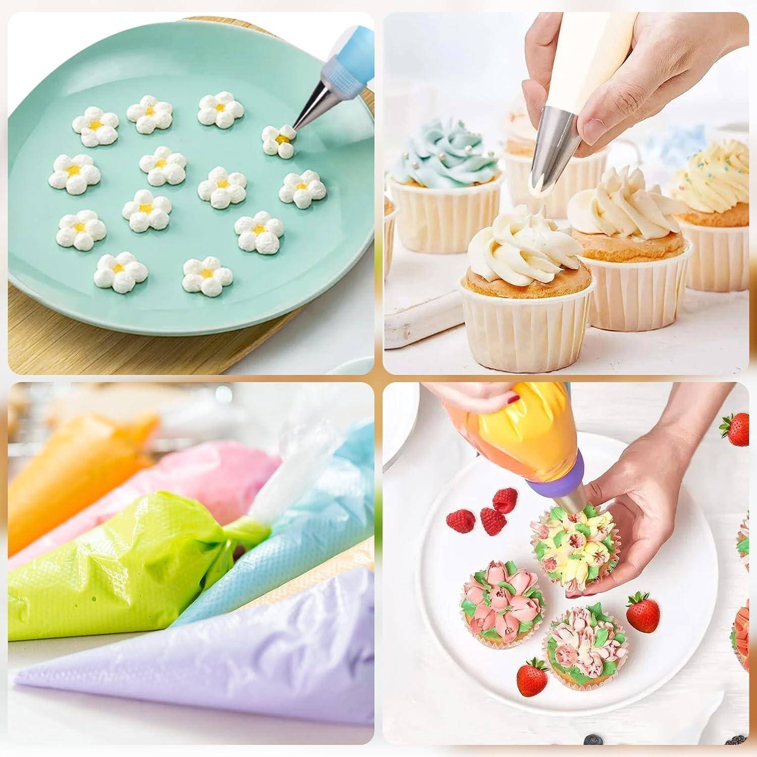 Collage zeigt Spritzbeutel und Spritztüllen beim Dekorieren von Cupcakes und blütenförmiger Glasur und demonstriert Techniken zum Verzieren von Torten.