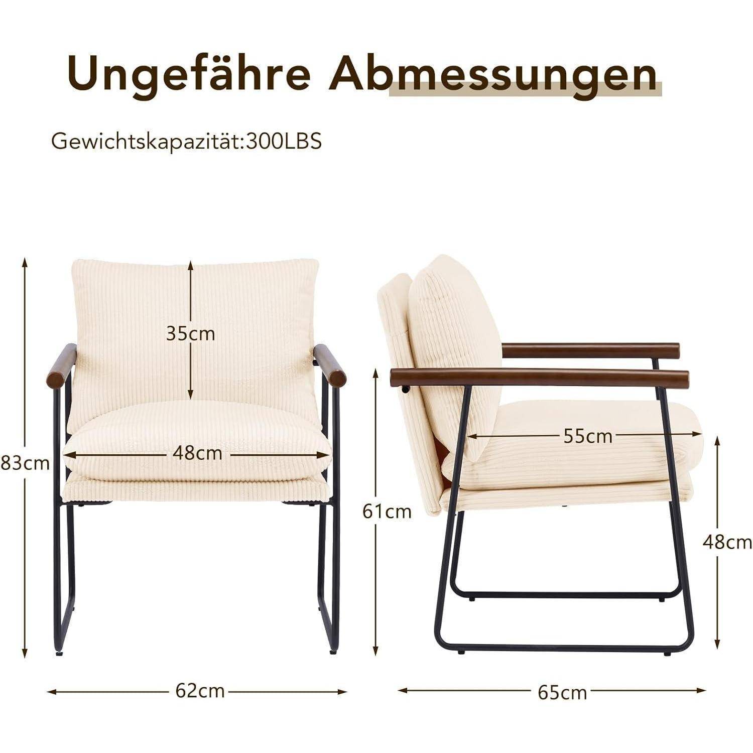 Diagramm eines Sessels mit der Bezeichnung „Ungefähre Abmessungen