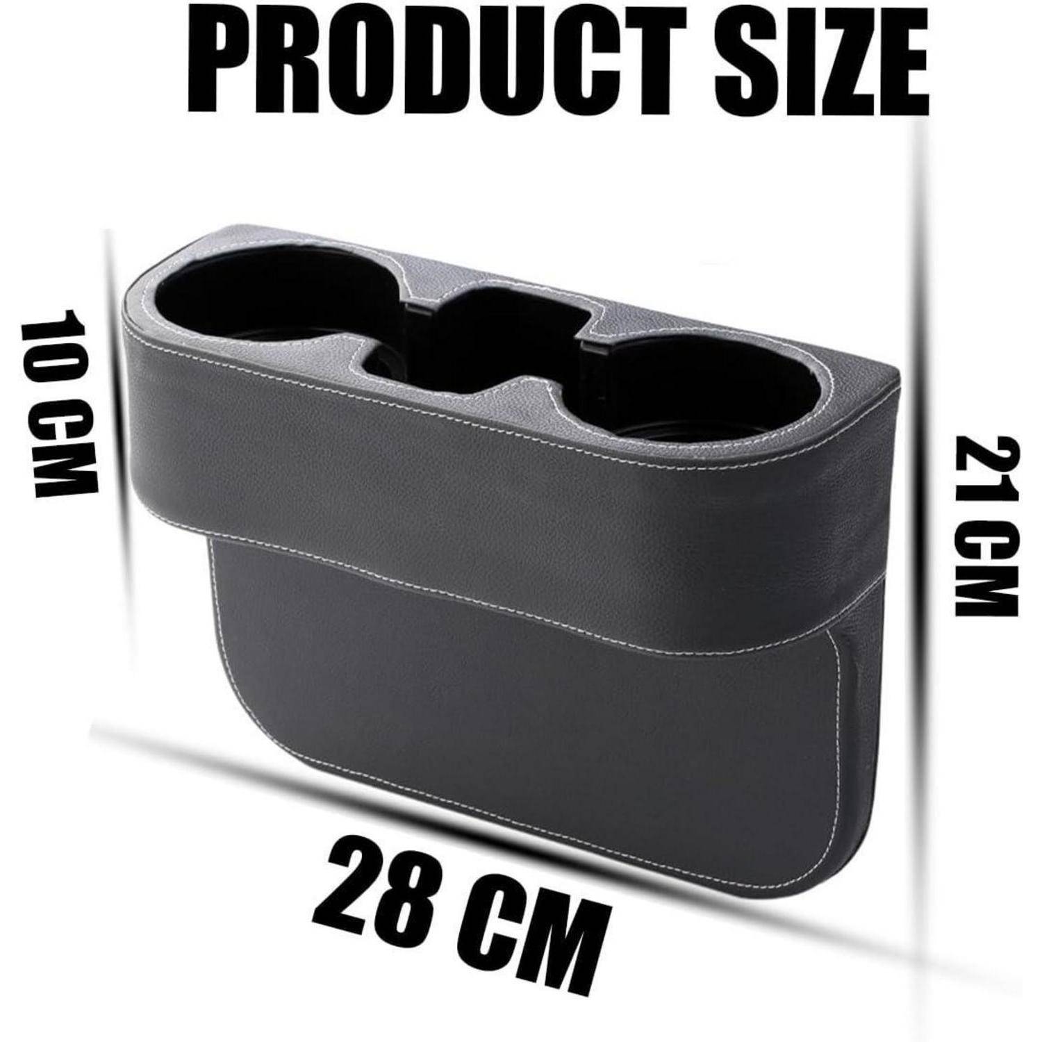 Größendiagramm einer schwarzen Doppelgetränkehalter: 28 cm breit, 21 cm hoch und 10 cm tief.
