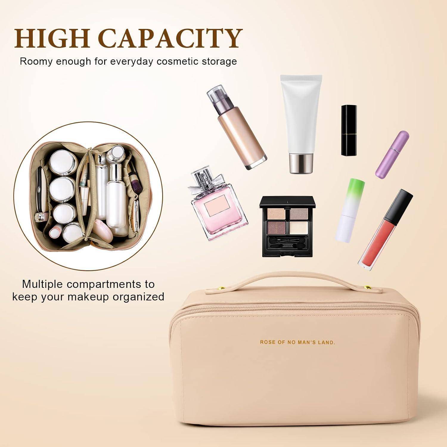 Werbeabbildung einer beigen Kosmetiktasche, die hohe Kapazität, mehrere Fächer und organisierte Make-up-Aufbewahrung mit verschiedenen Make-up-Artikeln zeigt, die um sie herum angeordnet sind.