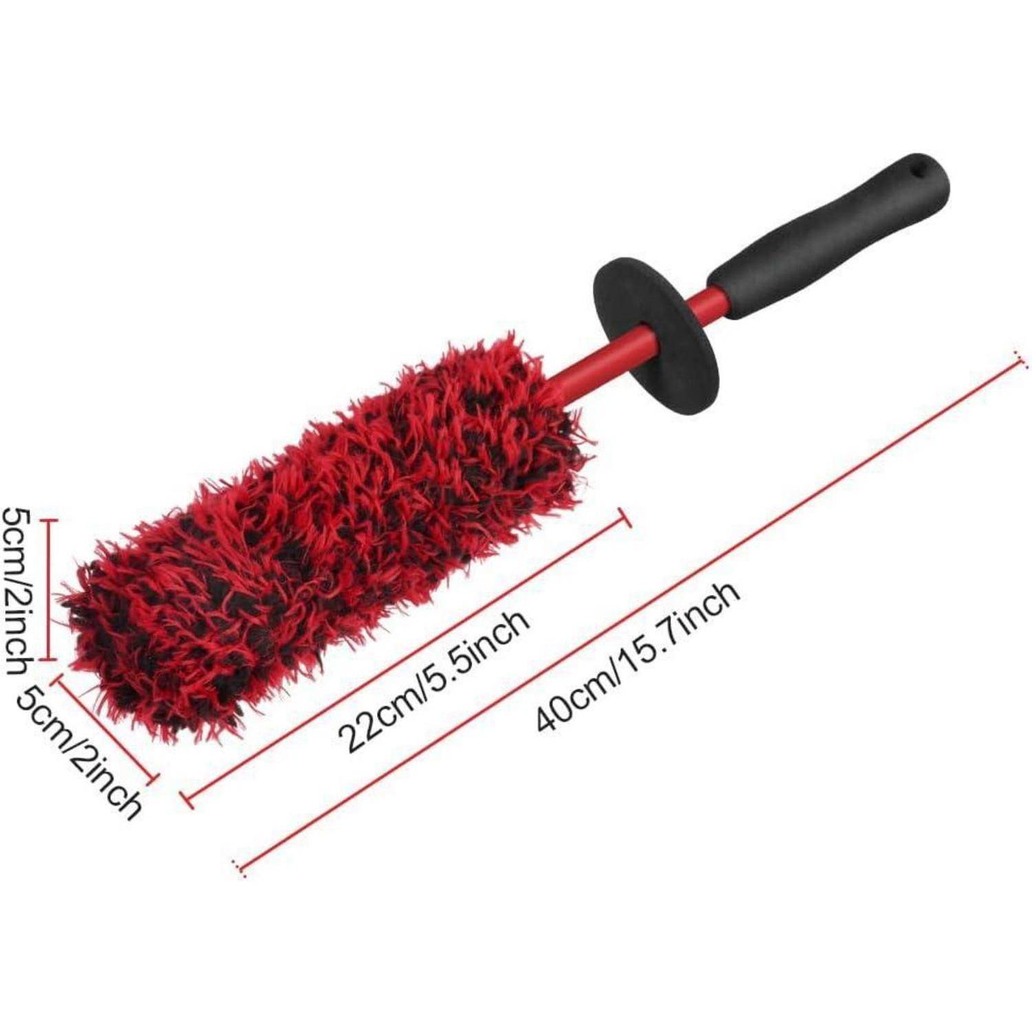 Rote Mikrofaser-Radputzbürste mit Griff; beschriftete Abmessungen zeigen 22 cm Bürstenkopf, 40 cm Gesamtlänge, 5 cm Breite.