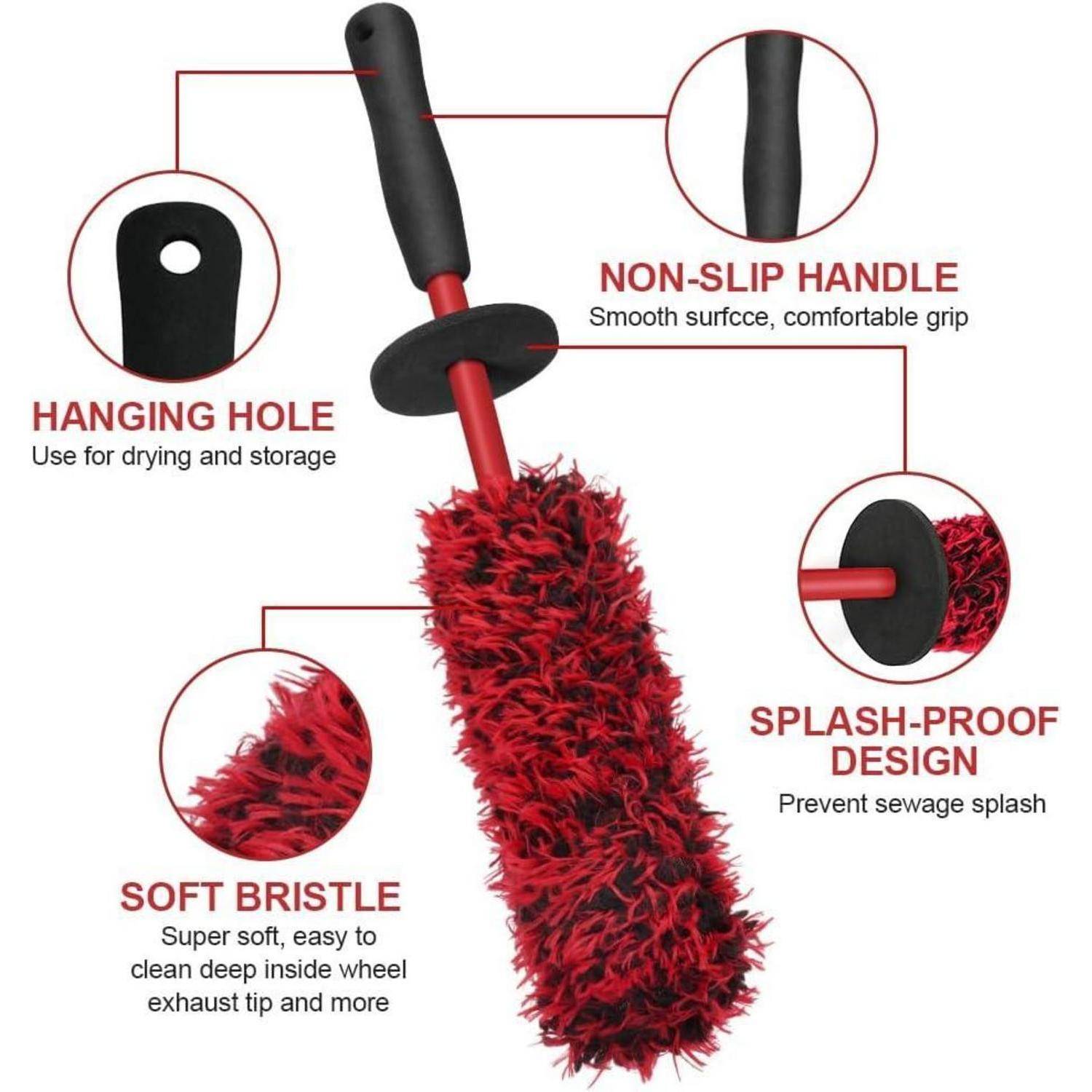 Kommentiertes Produktbild einer rot-schwarzen Flaschenreinigungsbürste mit Beschriftungen für Aufhängeloch, rutschfesten Griff, weiche Borsten und spritzwasserdichtes Design.