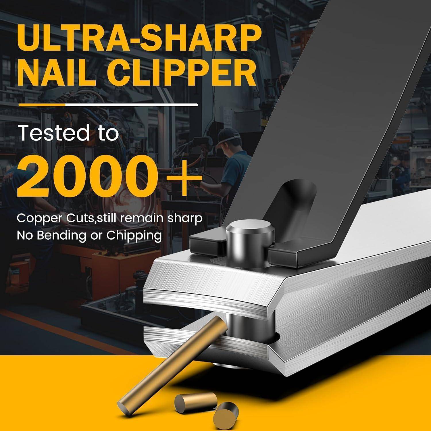 Werbebild eines Metallnagelschneidera mit der Bezeichnung „ULTRA-SHARP NAIL CLIPPER", mit den Aussagen „Getestet auf 2000+"" und „Kupferschnitte bleiben scharf, kein Verbiegen oder Absplittern"".