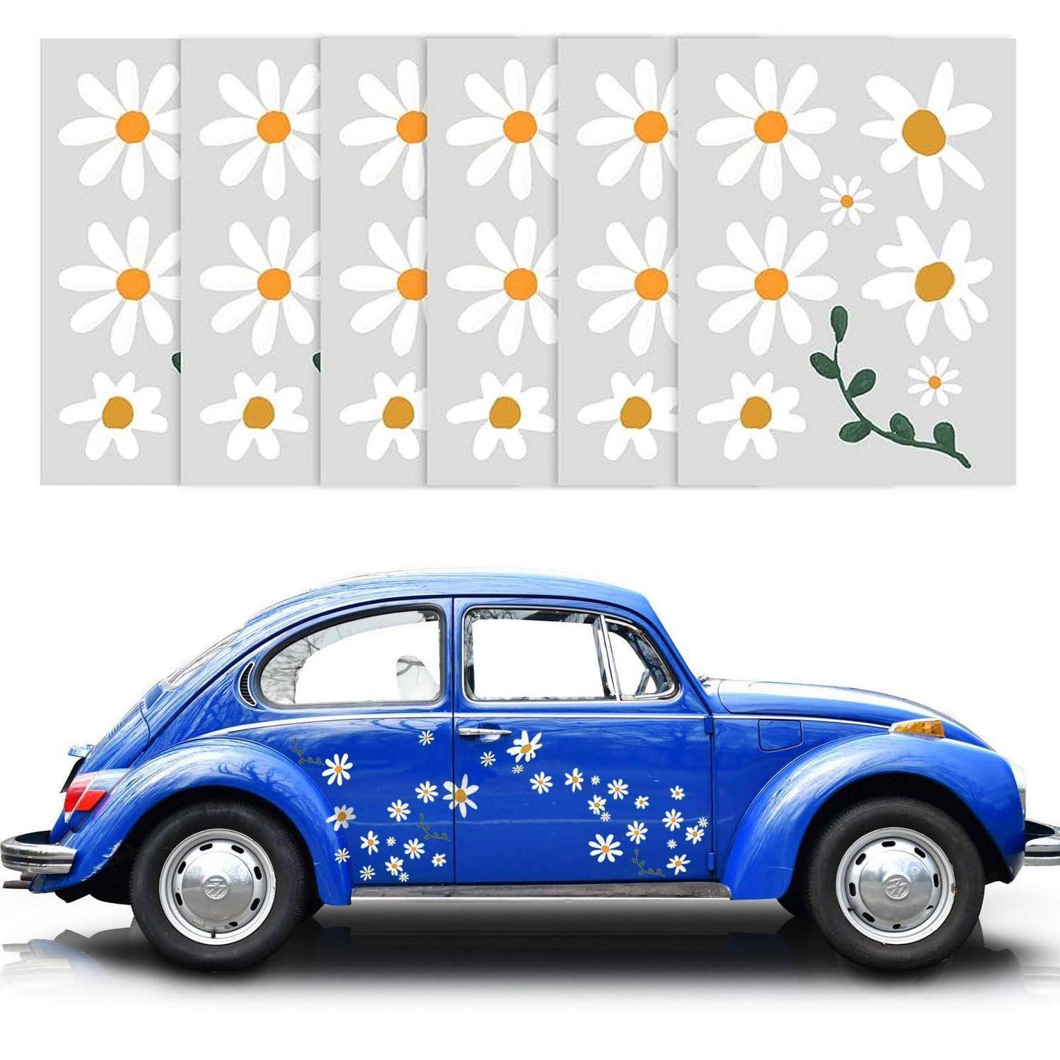 Blauer Vintage-Volkswagen Käfer, verziert mit weißen Gänseblümchenblüten, gezeigt unter einem passenden Gänseblümchenmuster-Designpanel.