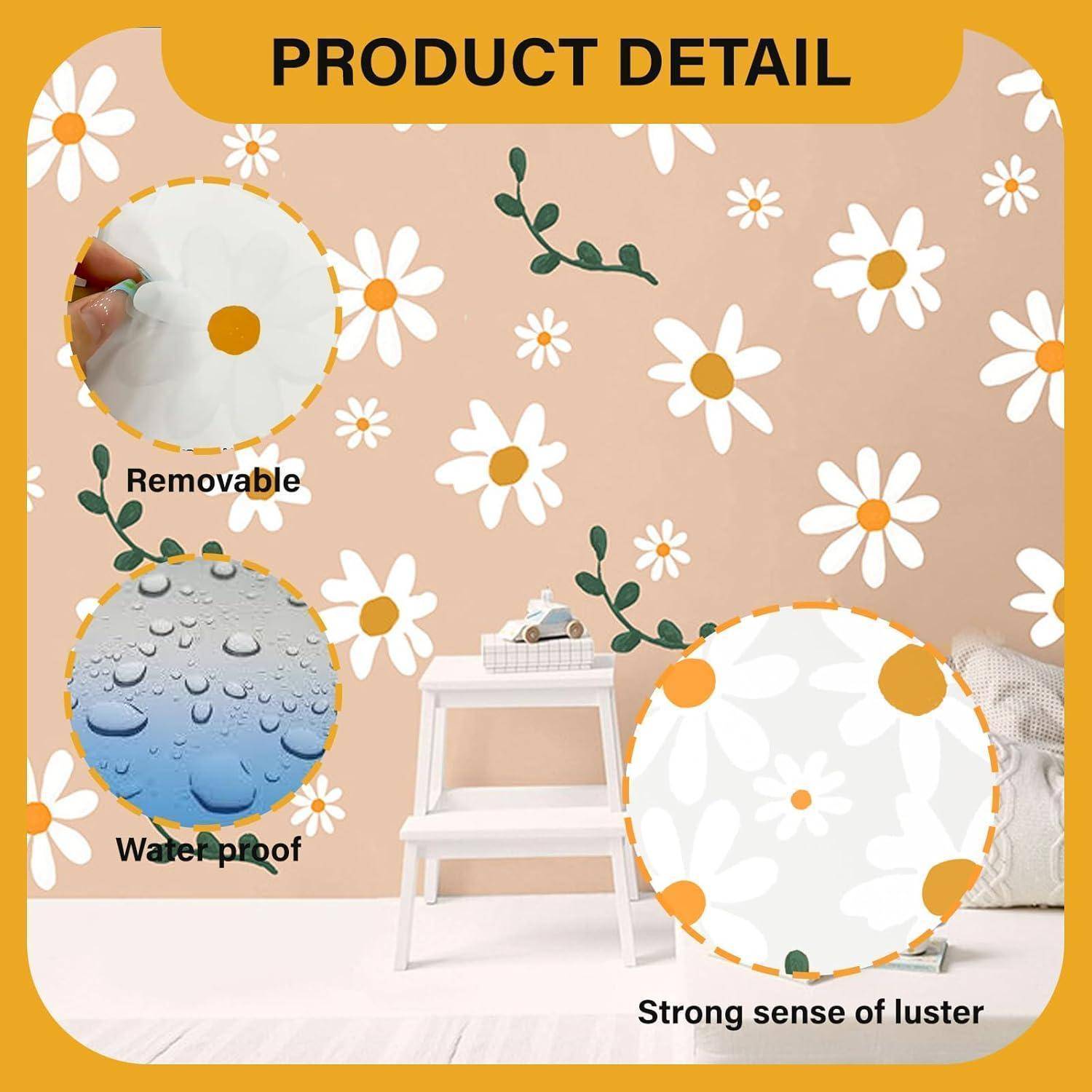 Produktdetailgrafik, die abnehmbare Blumen-Wandtattoos mit wasserfester Beschaffenheit und starkem Glanz zeigt, dargestellt in einem Raummodell.