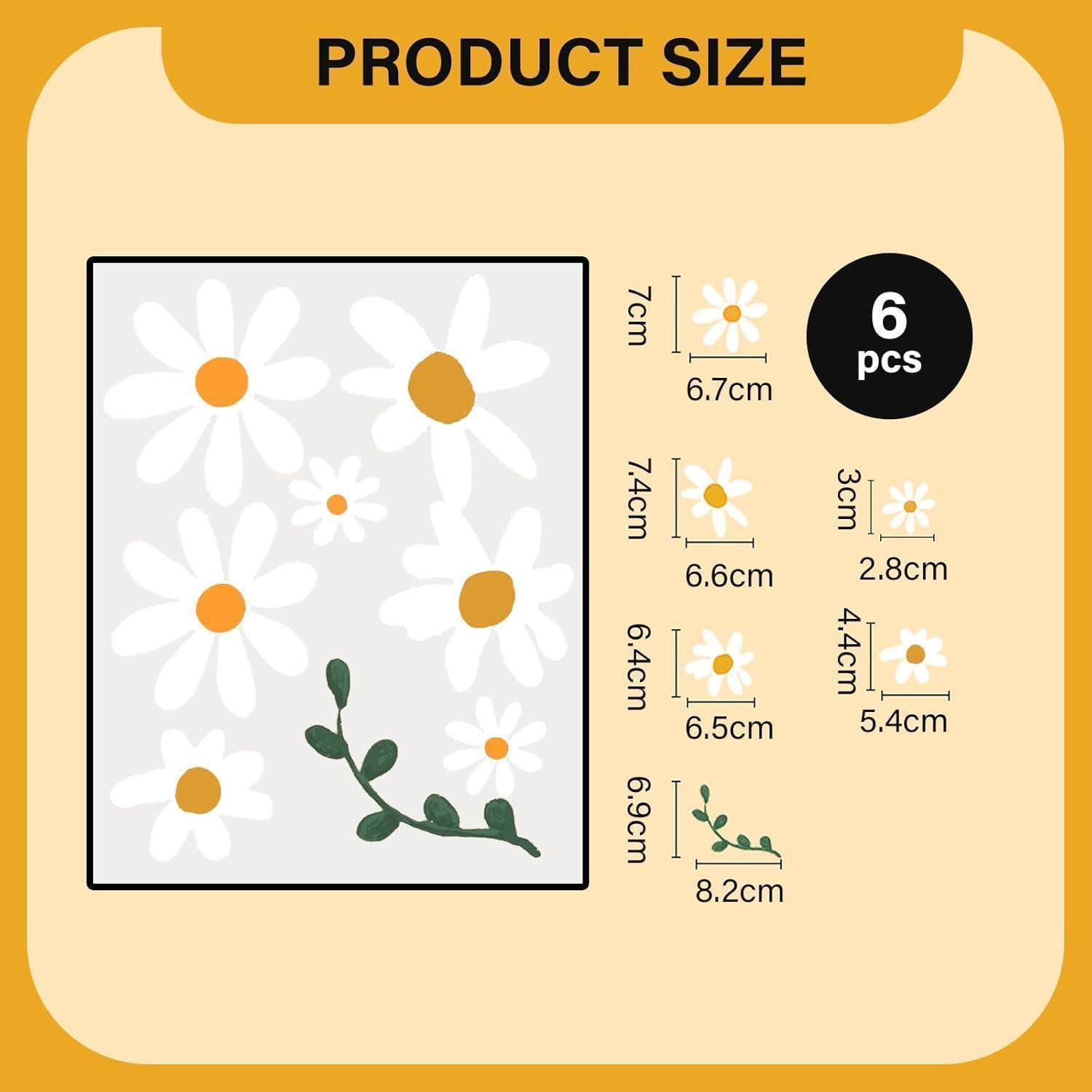 Größentabelle für Produkte mit 6 Gänseblümchen-Blütenaufklebern mit aufgelisteten Abmessungen, zentriert auf einer Vorschau der Blumenarrangement.