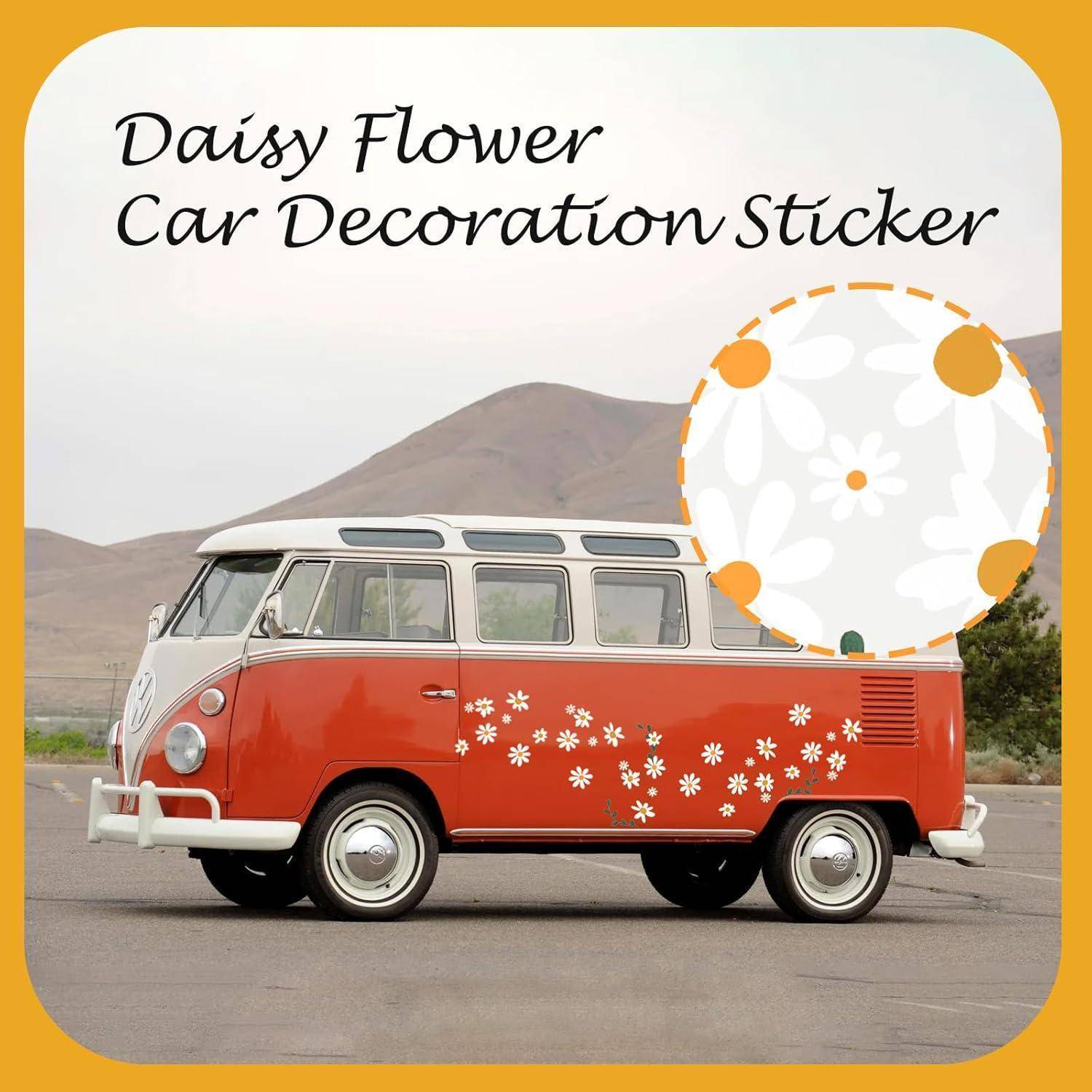 Vintage rot-weiß gestreifter Lieferwagen mit Gänseblümchen-Aufklebern und Text „Daisy Flower Car Decoration Sticker", dargestellt als Produkt-Mockup.