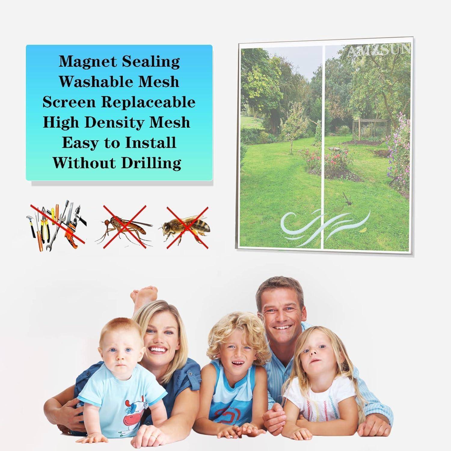 Werbung für ein magnetisches, selbstversiegelndes, waschbares Fliegengitter, das ohne Bohren einfach zu installieren ist, gezeigt mit einer Familie und Außenfensterblick.