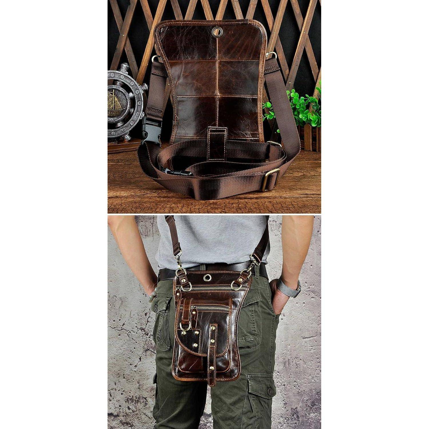 Braune Ledertasche mit Schultergurt und verstellbarem Riemen, von vorne gezeigt und hinten getragen mit Cargohosen, wobei Größe und Passform hervorgehoben werden.