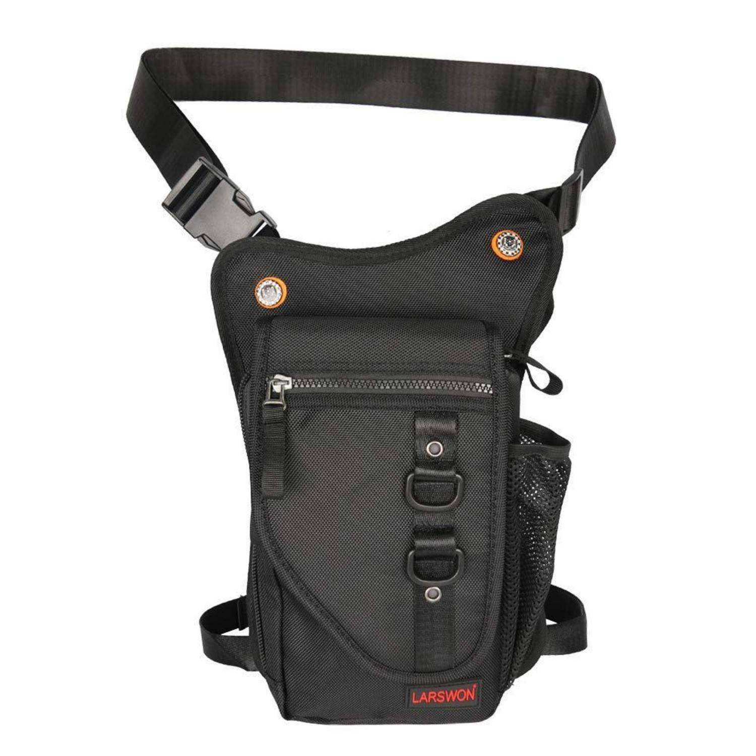 Schwarze taktische Oberschenkel-Umhängetasche mit verstellbaren Hüft- und Beingurten, vorderer Reißverschlusstasche, D-Ringe und seitliche Netztasche.