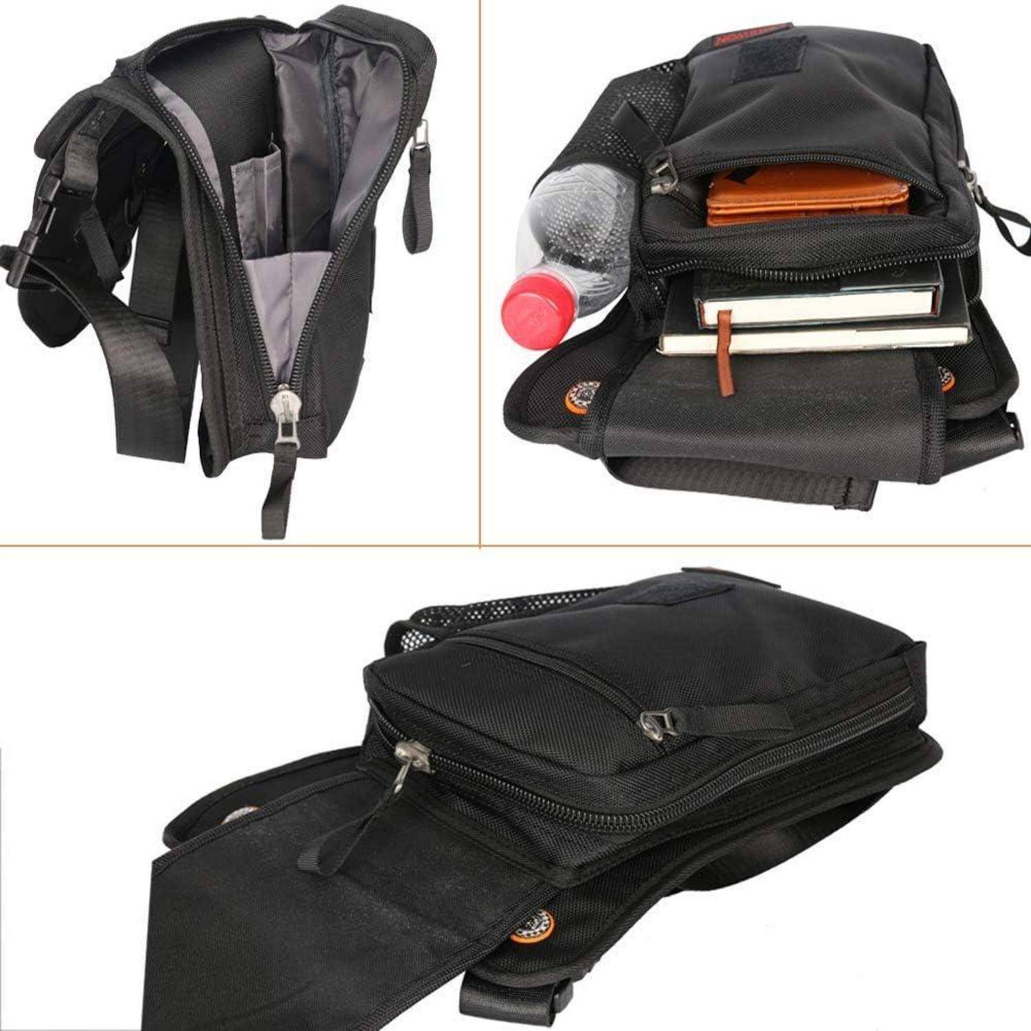 Schwarzer Sling-Rucksack, gezeigt von vorne und in offener Ansicht, mit mehreren Reißverschlussfächern, die eine Wasserflasche und Bücher enthalten.