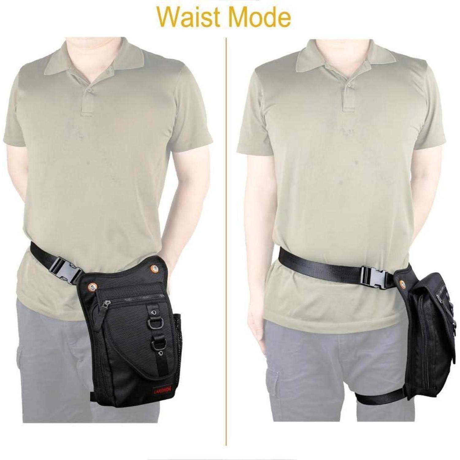 Zwei Ansichten einer schwarzen an der Taille befestigten Multifunktionstasche, die über Shorts und einem Poloshirt getragen wird und die Vorder- und Seitenplatzierung an einer Schaufensterpuppe zeigt.