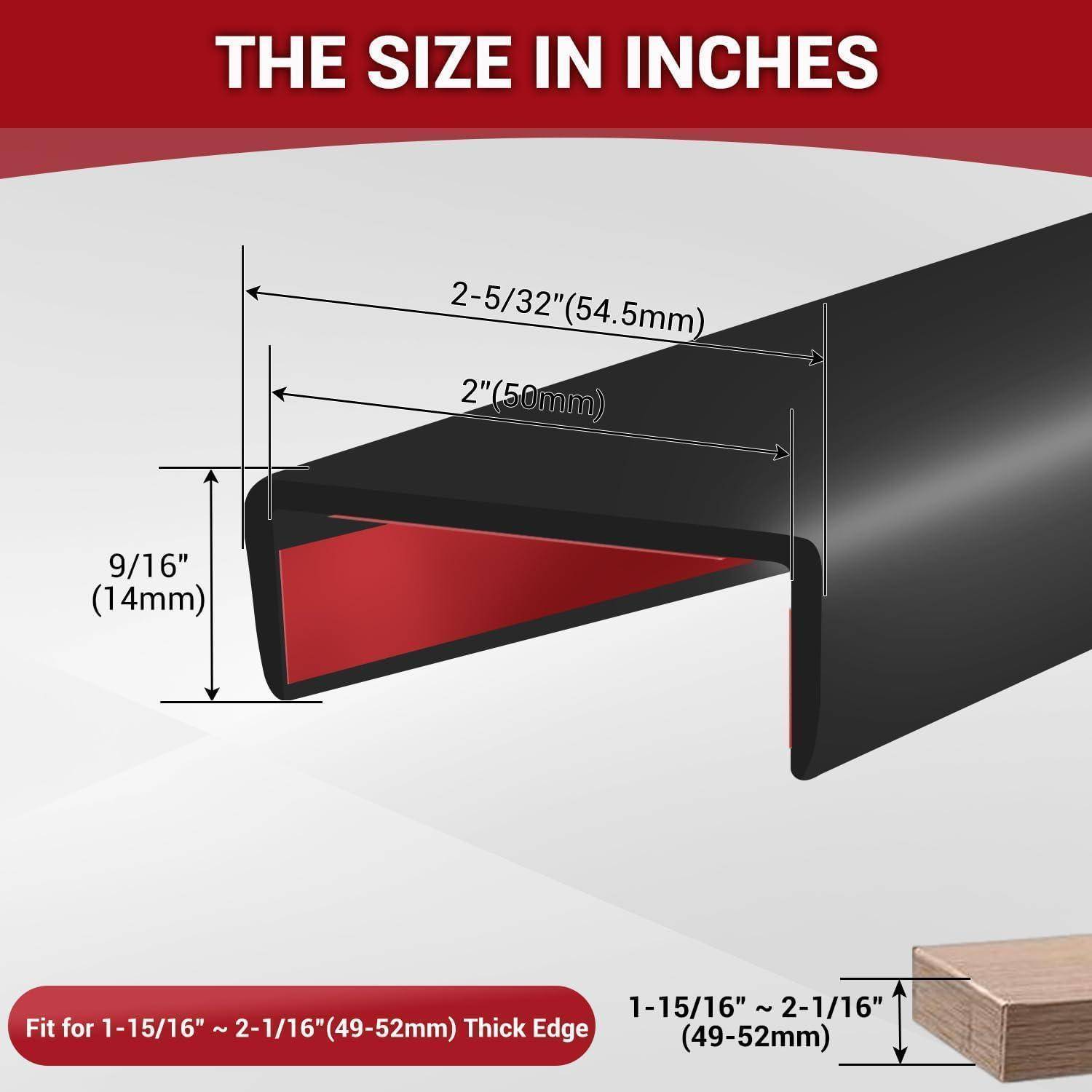 Diagramm zeigt ein schwarzes Kantenschutzprofil mit Abmessungen: 2-5/32 Zoll (54,5 mm) breit, 2 Zoll (50 mm), 9/16 Zoll (14 mm) hoch, passt für 1-15/16 bis 2-1/16 Zoll dicke Kante.