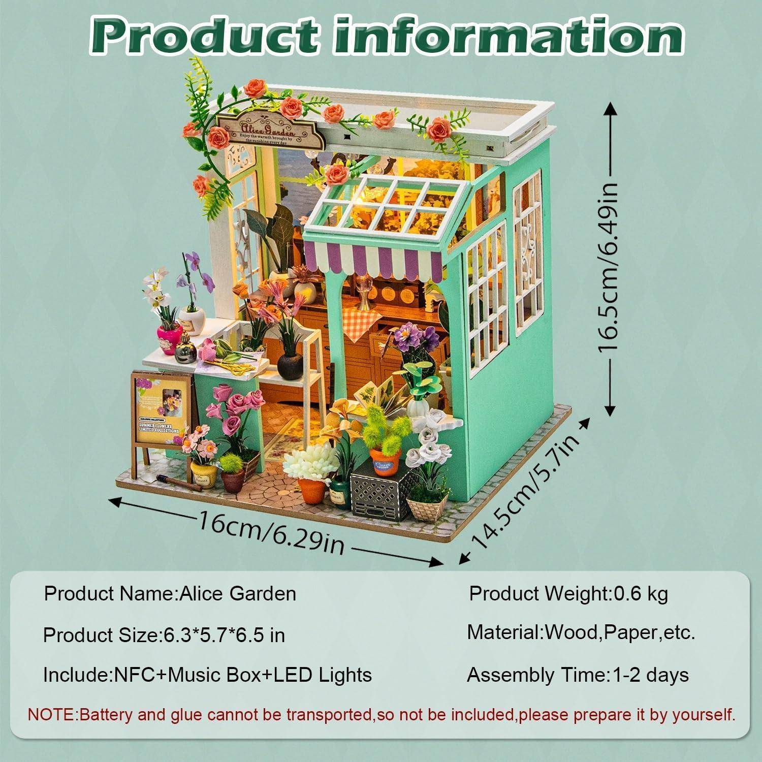 Abbildung eines Miniatur-'Alice Garten'-Holzshop-Modells mit Blumen und Lichtern, zeigt Produktinformationen: 16×14,5×16,5 cm, 0,6 kg, Zusammenbau 1-2 Tage.