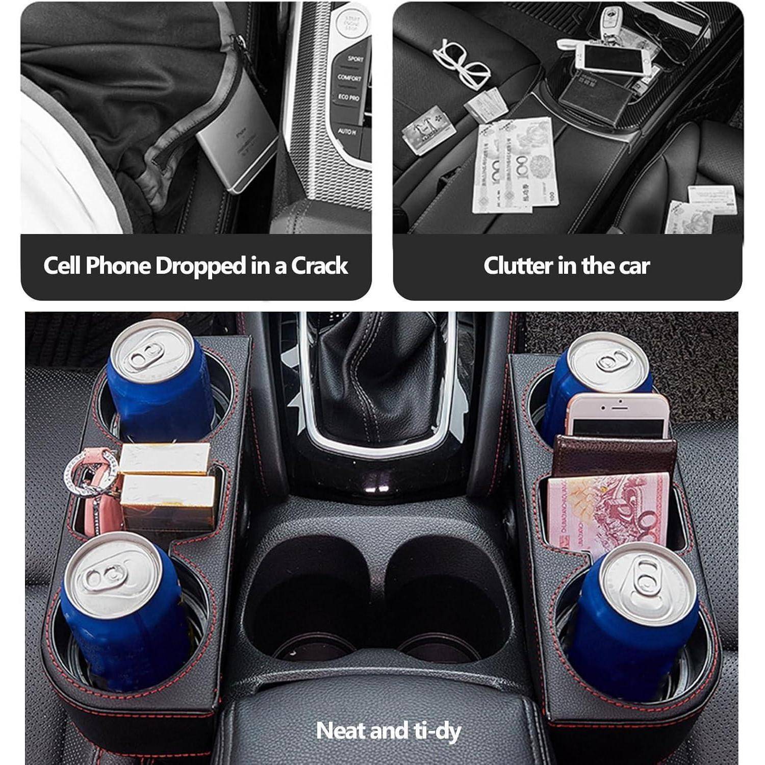 Getränkehalter-Organizer für das Auto mit Telefon, Bargeld und Dosen ordnungsgemäß verstaut im Vergleich zu Unordnung und einem Telefon, das in einem Sitzenspalt eingeklemmt ist.