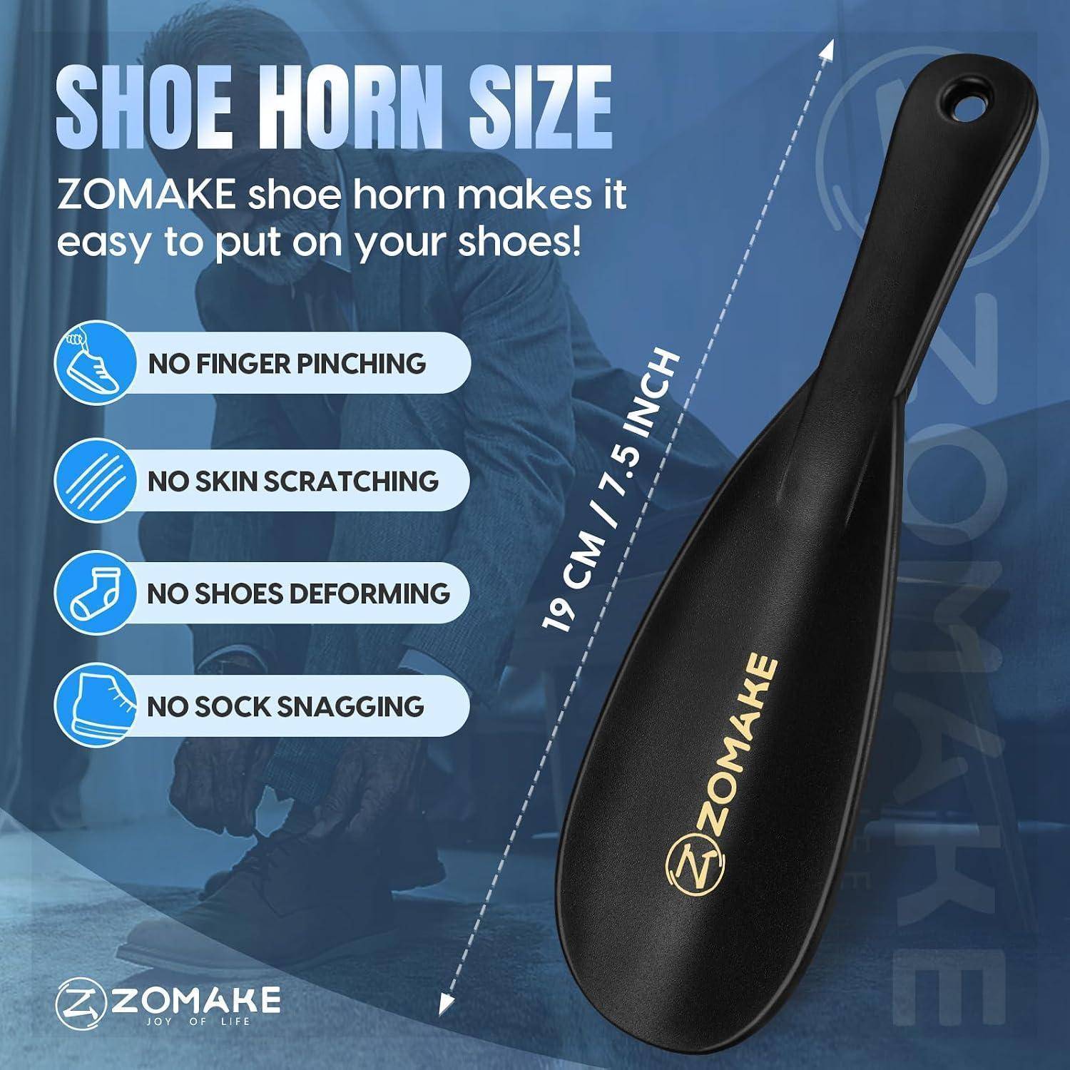 Werbegrafica für einen ZOMAKE-Schuhlöffel, mit der Bezeichnung 19 cm/7,5 Zoll, mit Hervorhebung von kein Einklemmen der Finger, keine Hautabschürfungen, keine Verformung des Schuhs und kein Hängenbleiben der Socke.