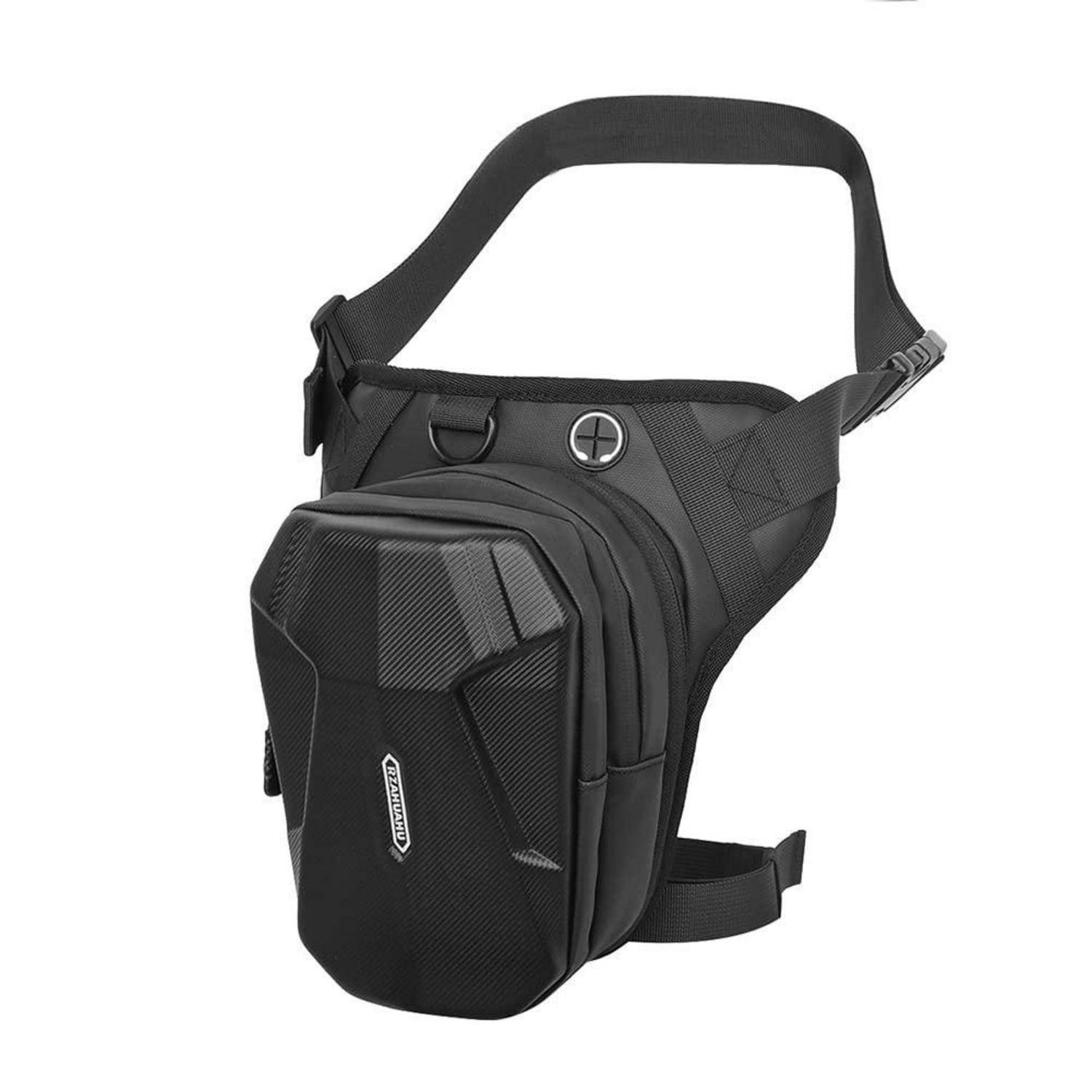 Schwarze taktische Oberschenkeltragholster-Tasche mit verstellbaren Hüft- und Beinriemen, vorderen Reißverschlusstaschen und einer starren Schutzaußenschale.