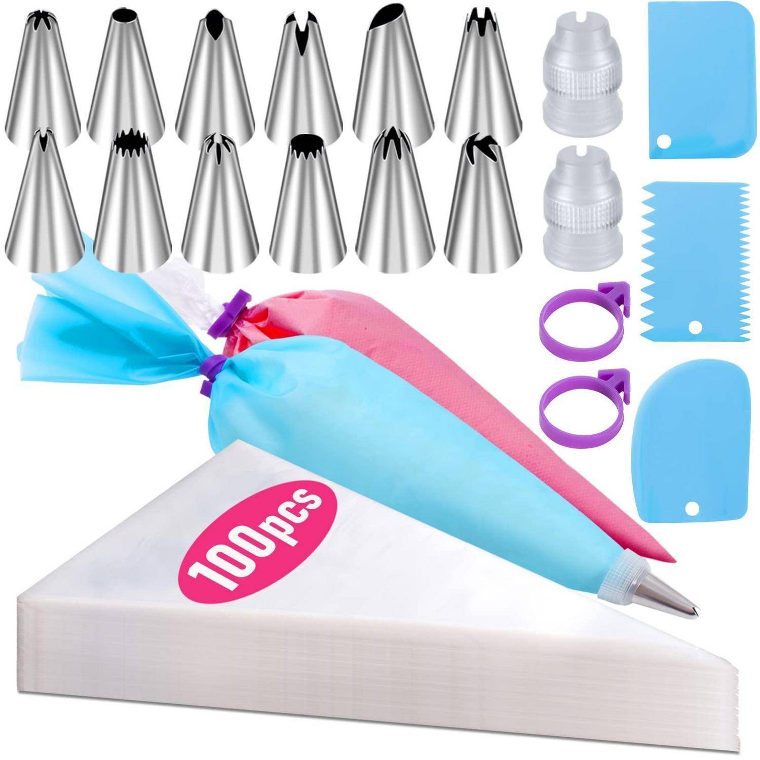 Spritzbeutel-Dekorations-Set mit 10 Metallspitzen, Kupplungen, Spachtel und 100 wegwerfbaren Spritzbeuteln zum Verzieren von Torten.