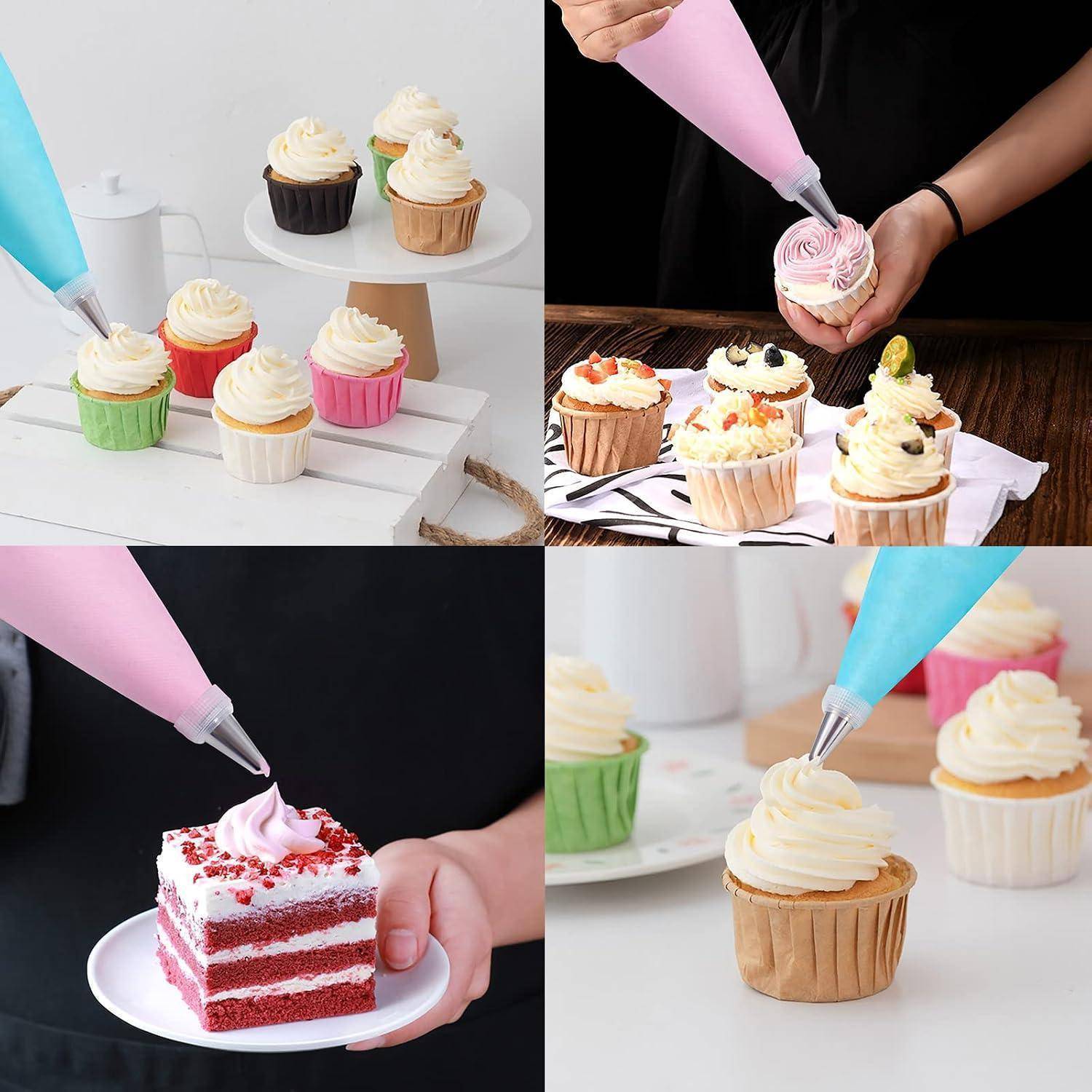 Collage von Händen, die mit Spritzbeuteln Frosting auf Cupcakes spritzen, und einer Red-Velvet-Torte mit pastellfarbenen Spritzbeuteln, die Schritte zum Verzieren von Kuchen zeigen.