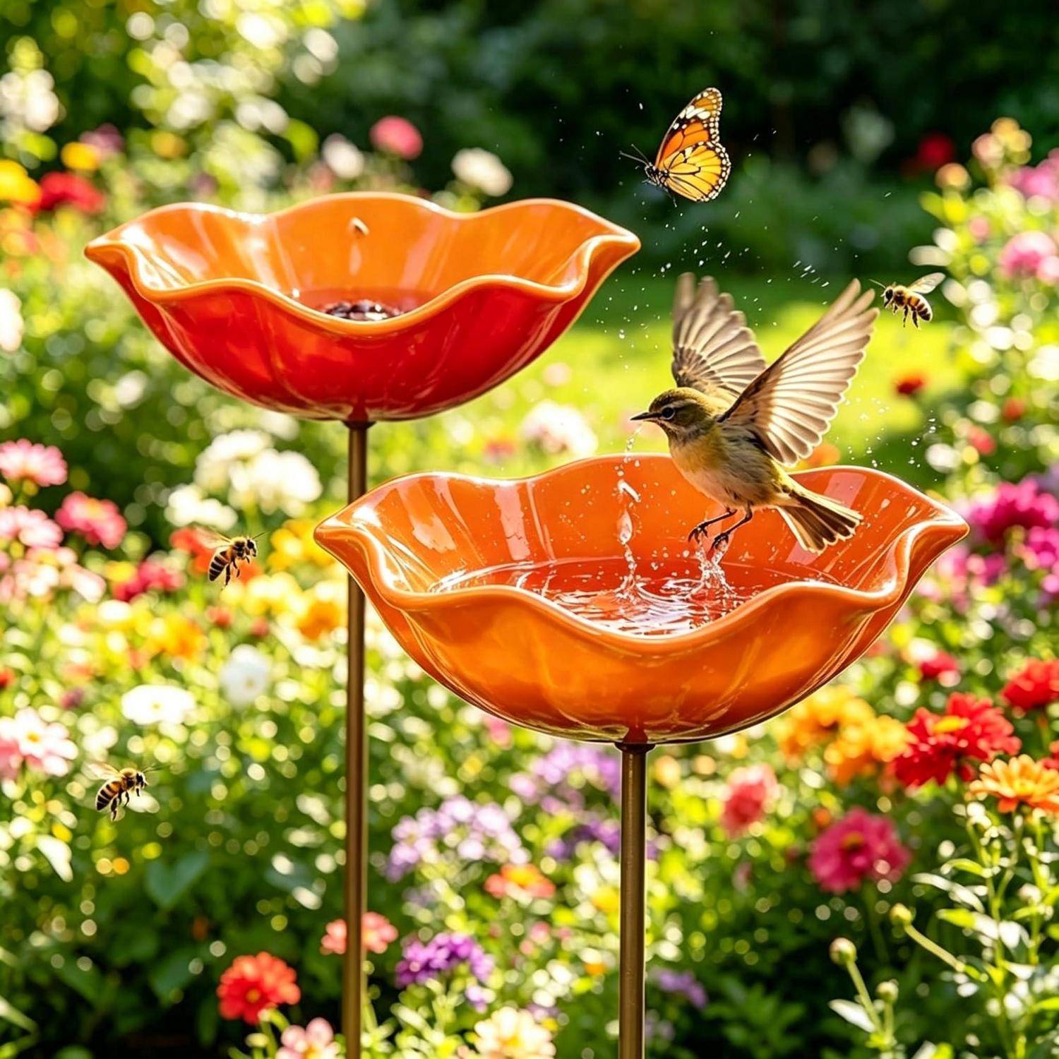 Vogel, der in einem orangefarbenen Glaspotential unter Schmetterlingen und Bienen in einem bunten Blumengarten spritzt.